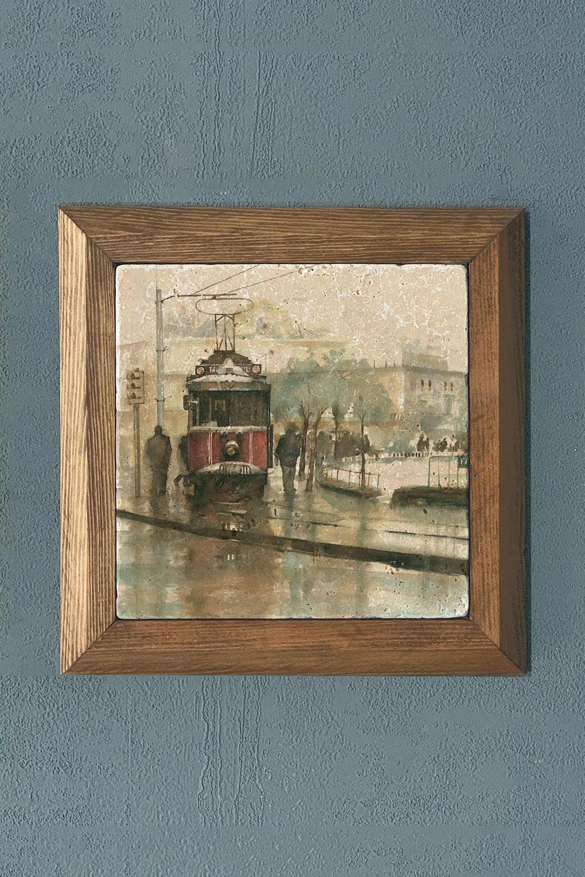 İstanbul tranvay suluboya Masif Çerçeveli Taş Tablo-Wall Decor- Oscar Stone Decor 28X28 CM