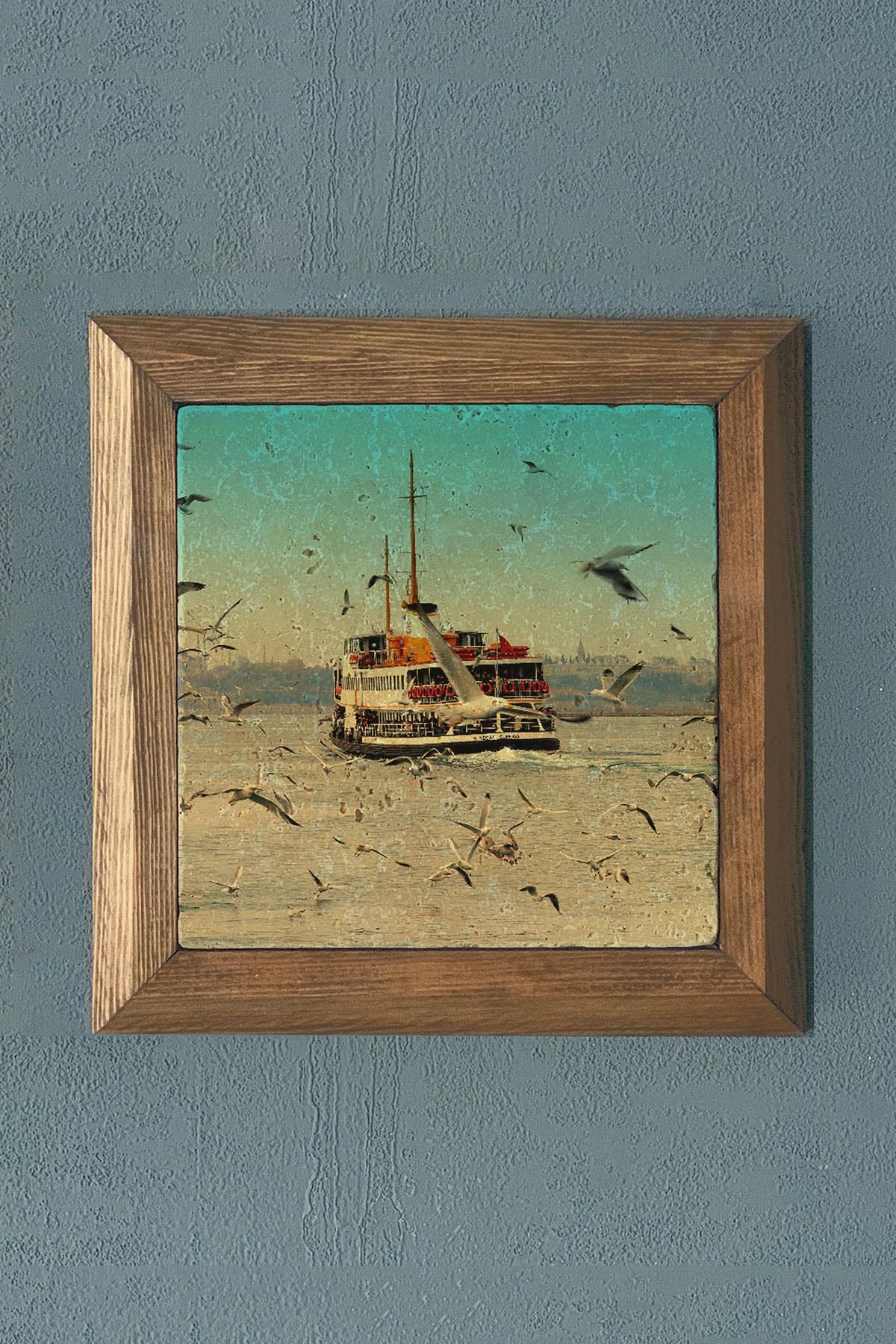 İSTANBUL VAPUR MANZARA-Masif Çerçeveli Taş Tablo-Wall Decor- Oscar Stone Decor 28X28 CM