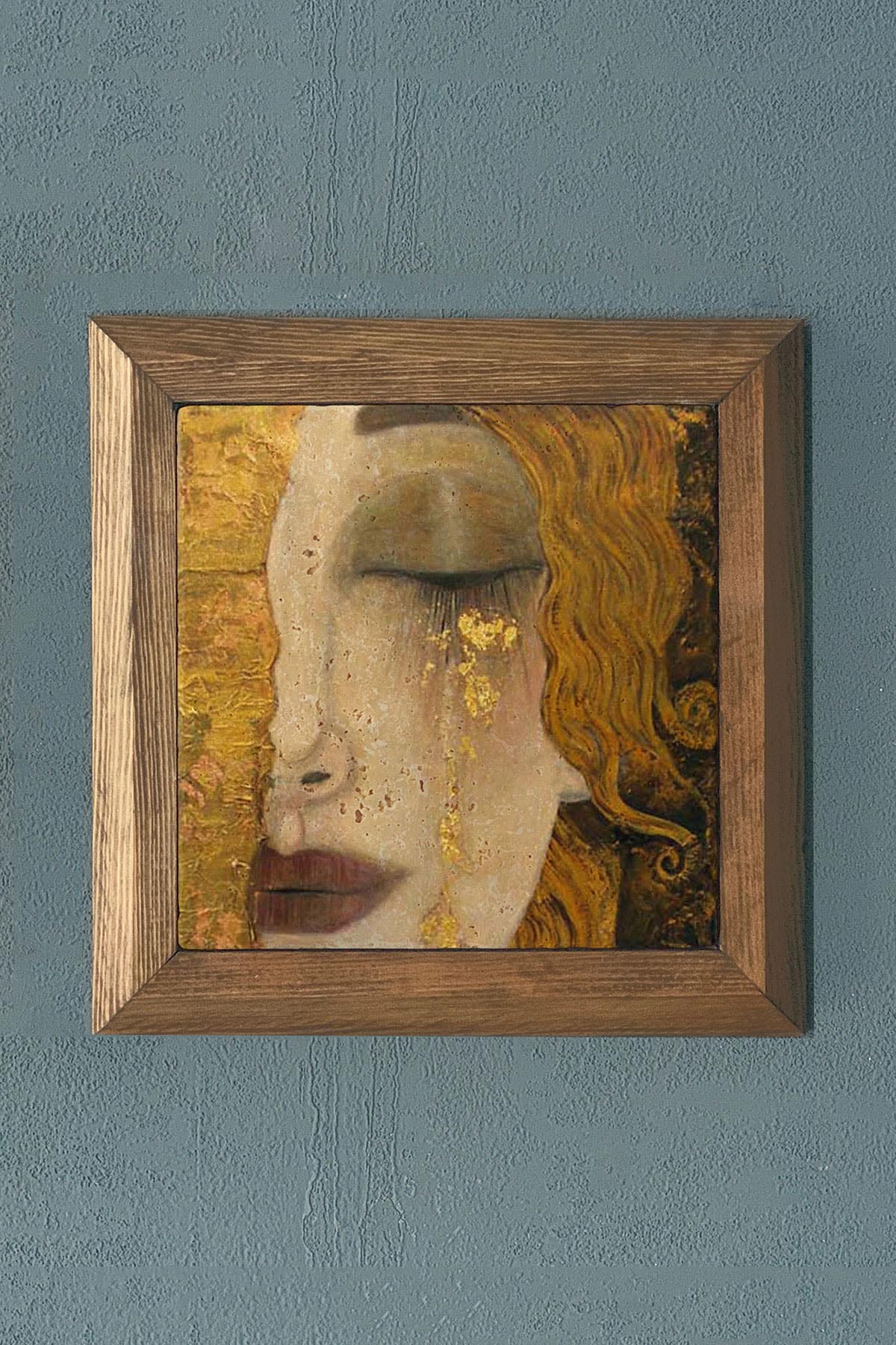 Masif Çerçeveli Ağlayan Kız Gustav Klimt Taş Tablo- Pano- Oscar Stone Decor 28X28 cm-WALL DECOR