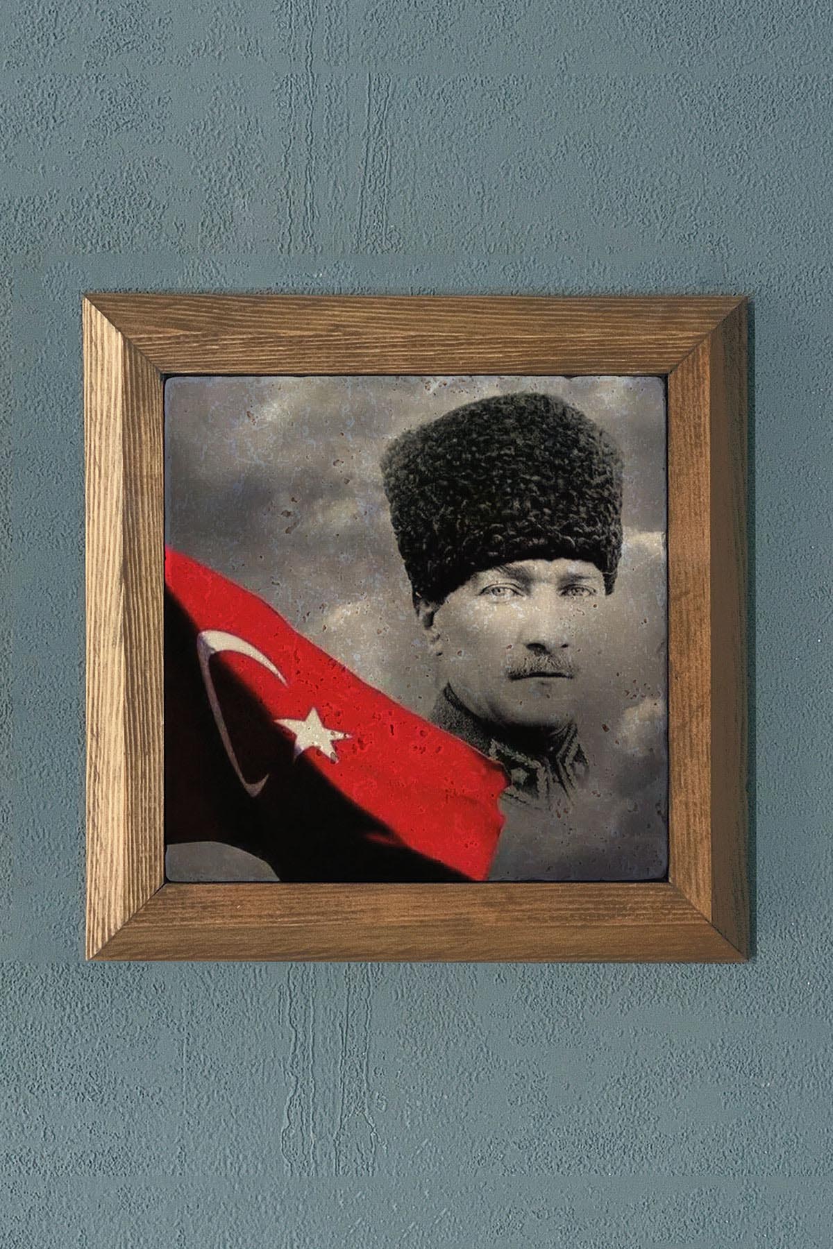 Masif Çerçeveli Atatürk Doğaltaş Tablo Pano Oscar Stone Decor 28X28 CM