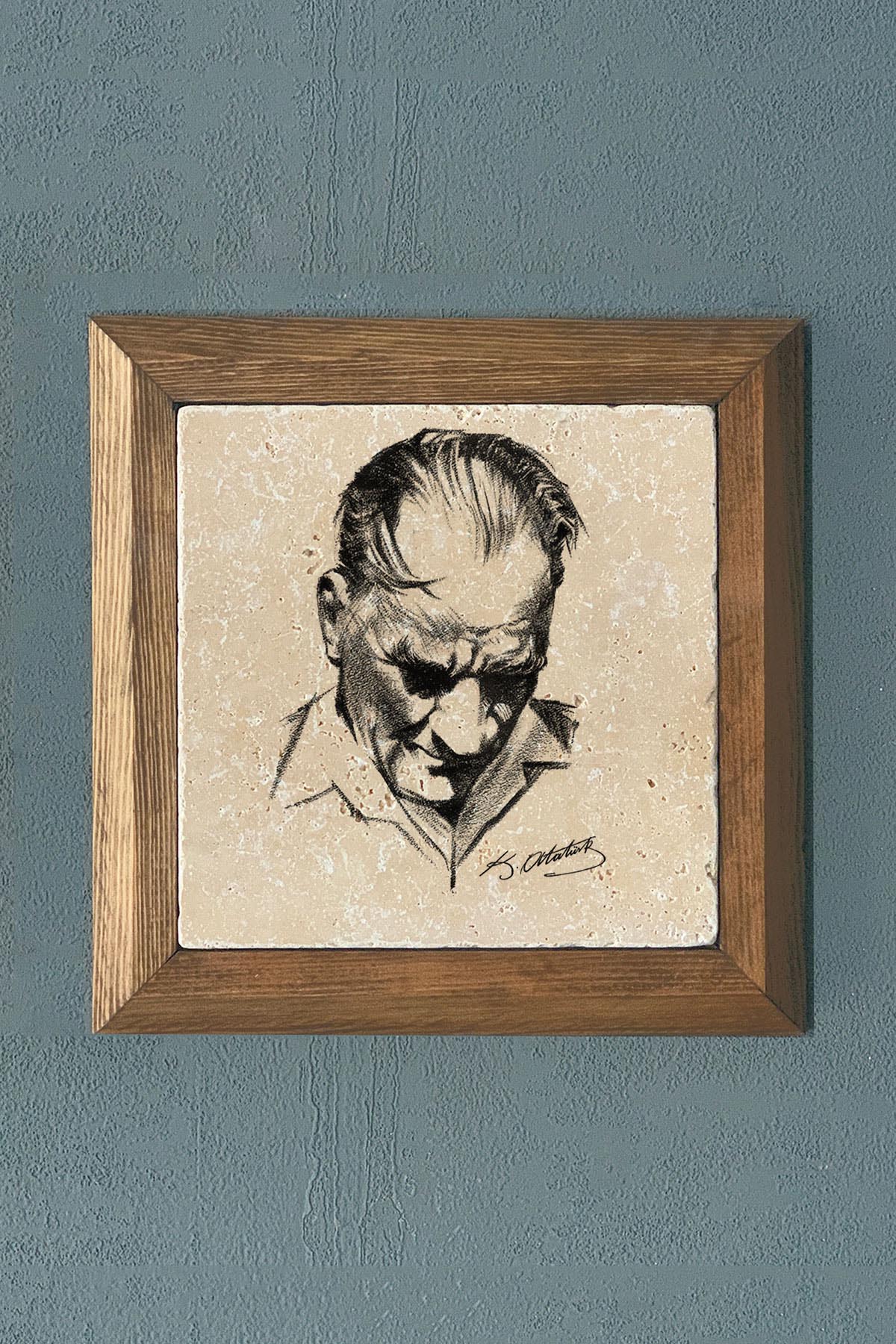 Masif Çerçeveli Atatürk Doğaltaş Tablo Pano Oscar Stone Decor 28X28 CM