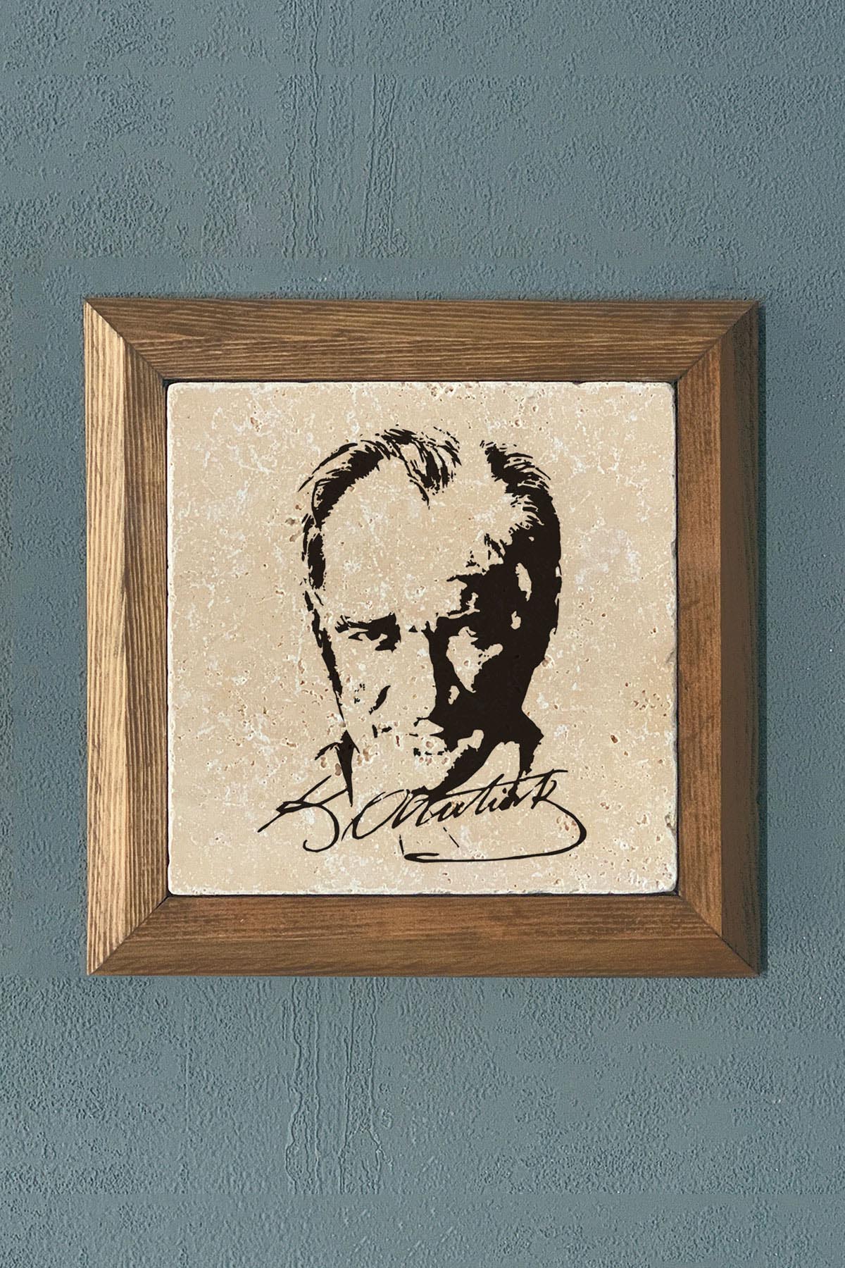 Masif Çerçeveli Atatürk Doğaltaş Tablo Pano Oscar Stone Decor 28X28 CM