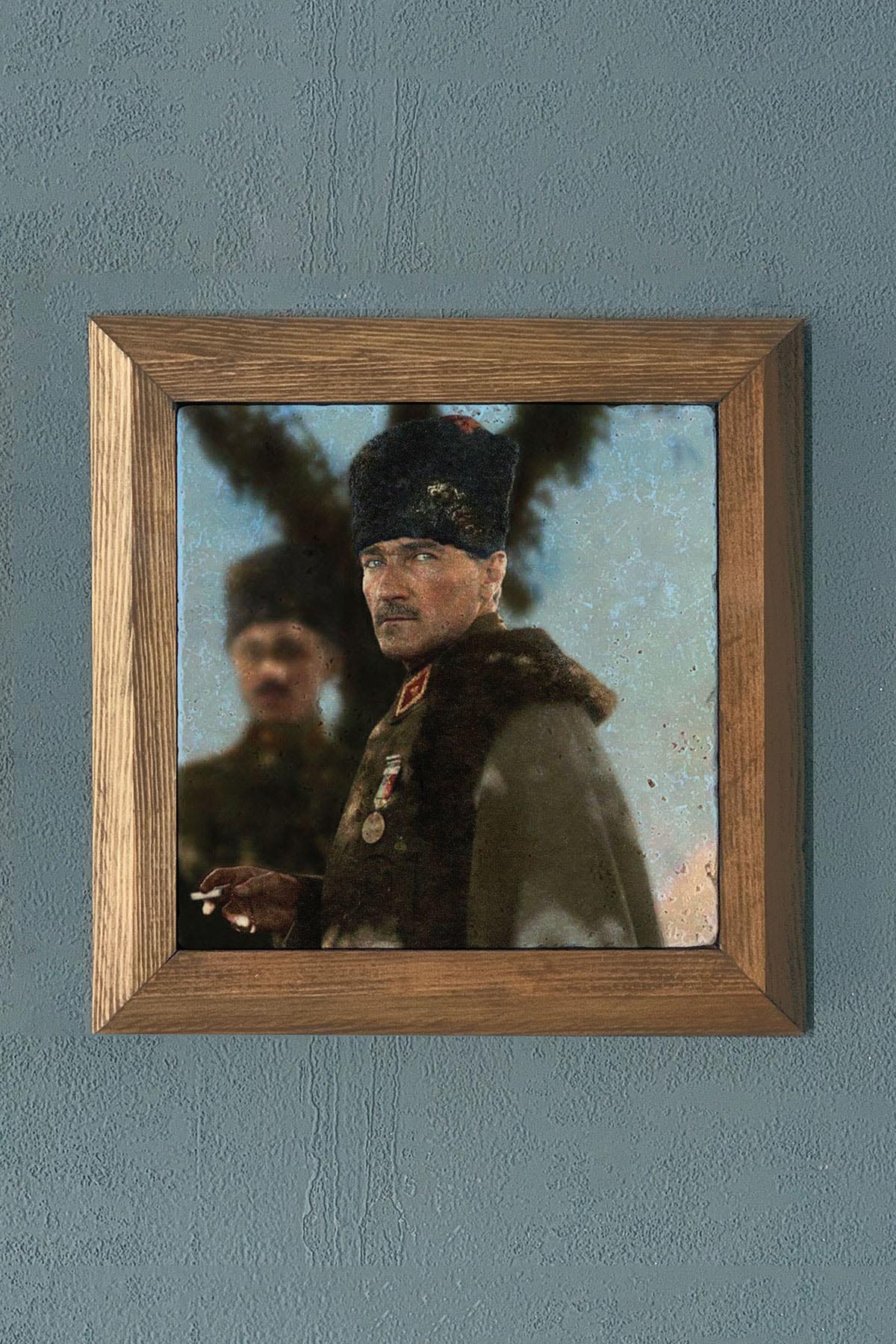 Masif Çerçeveli Atatürk Doğaltaş Tablo Pano Oscar Stone Decor 28X28 CM