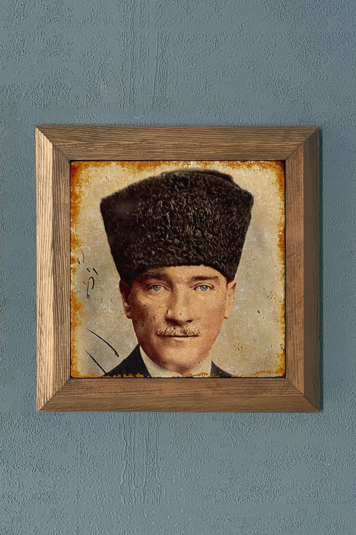 Masif Çerçeveli Atatürk Doğaltaş Tablo Pano Oscar Stone Decor 28X28 CM