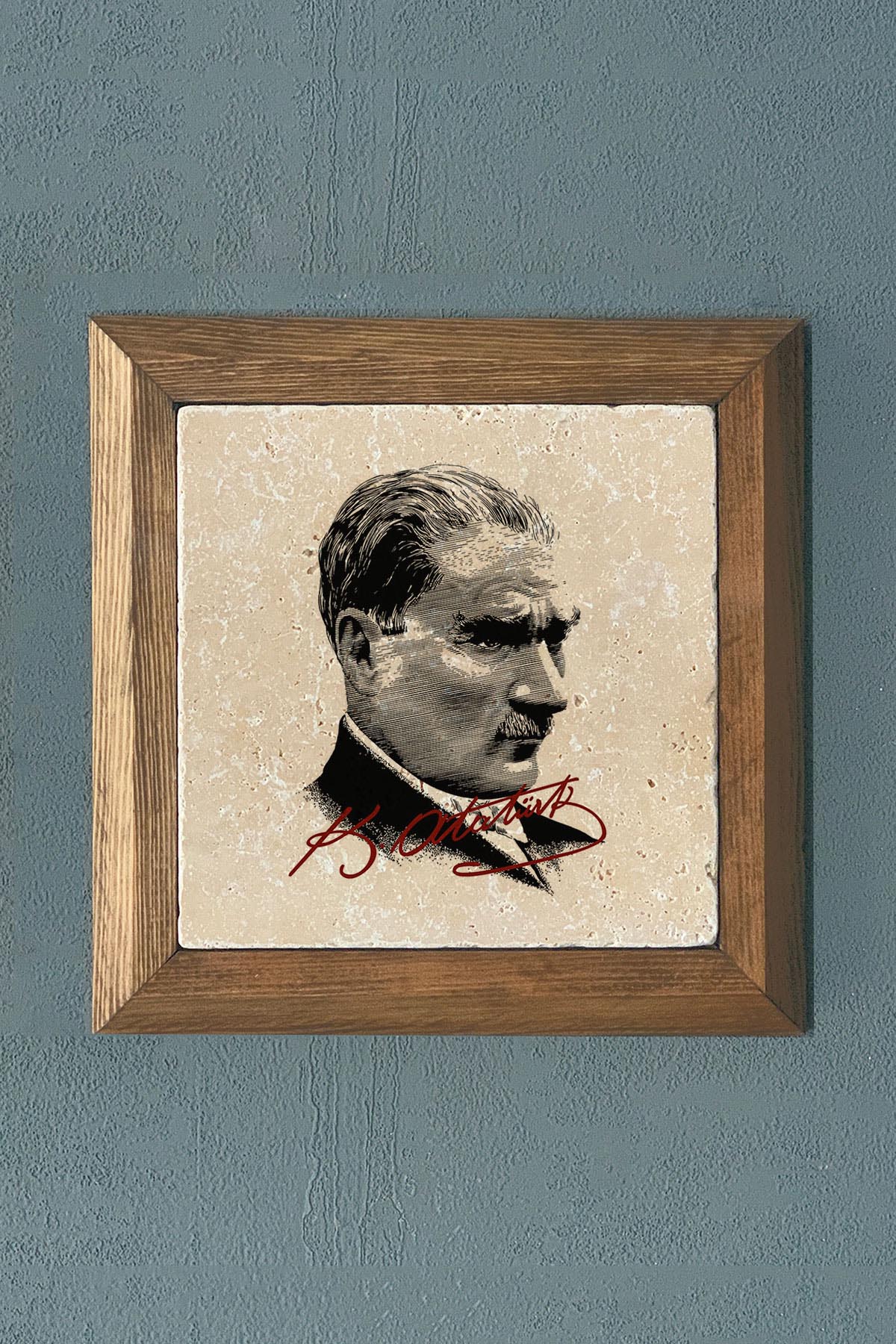 Masif Çerçeveli Atatürk Doğaltaş Tablo Pano Oscar Stone Decor 28X28 CM