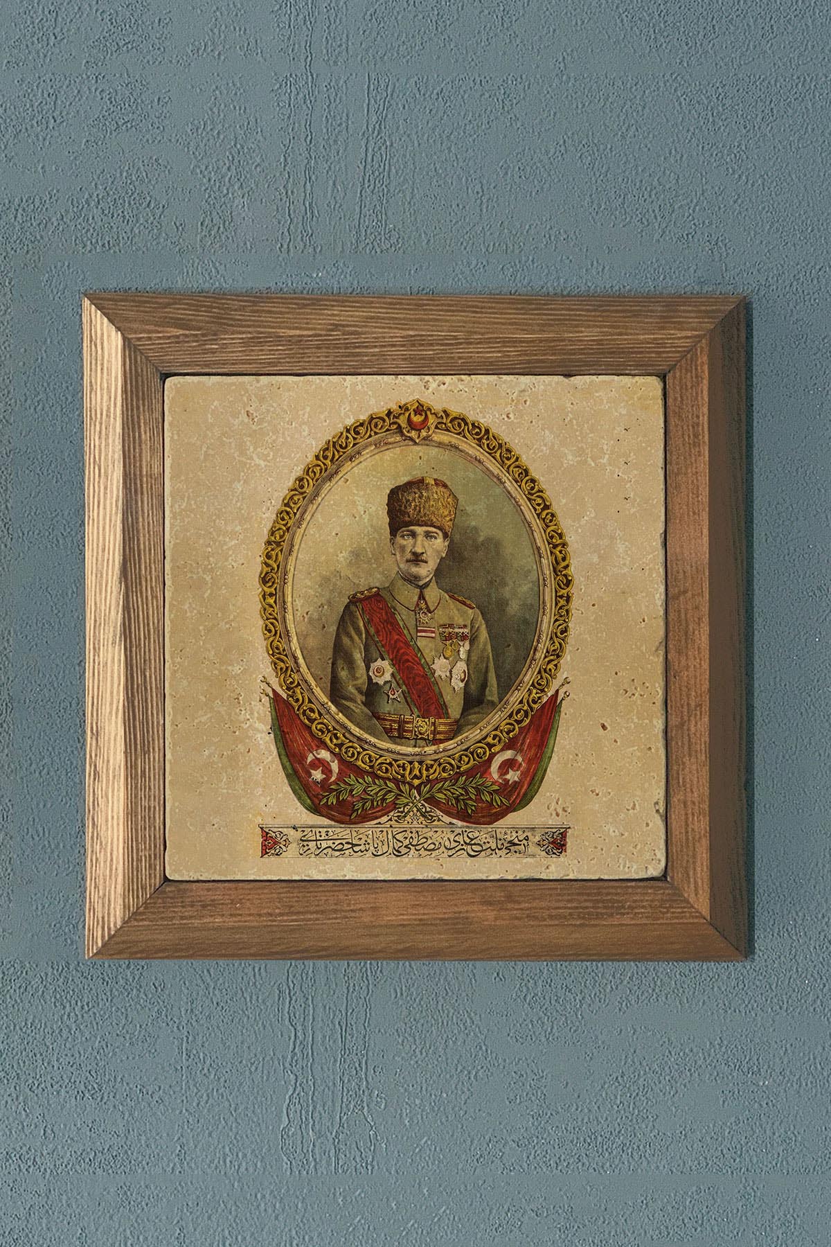 Masif Çerçeveli Atatürk Doğaltaş Tablo Pano Oscar Stone Decor 28X28 CM