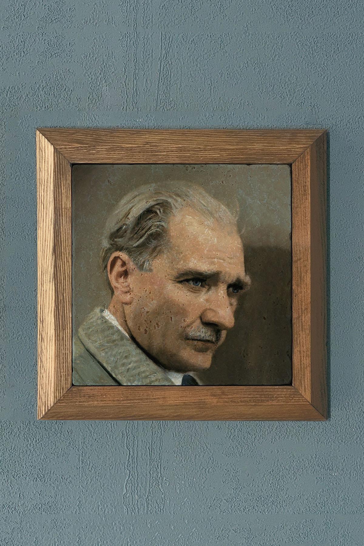 Masif Çerçeveli Atatürk Doğaltaş Tablo Pano Oscar Stone Decor 28X28 CM