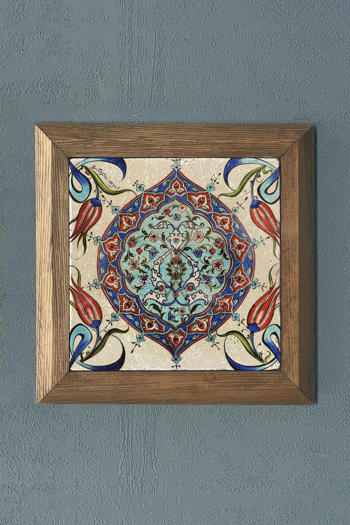 Masif Çerçeveli Çini Desen Doğaltaş Tablo Pano Oscar Stone Decor 28X28 CM