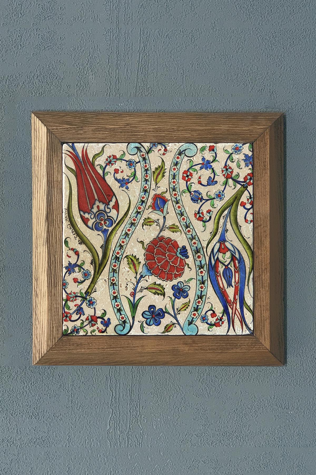 Masif Çerçeveli Çini Desen (Tile) Doğaltaş Tablo Pano Oscar Stone Decor 28X28 CM