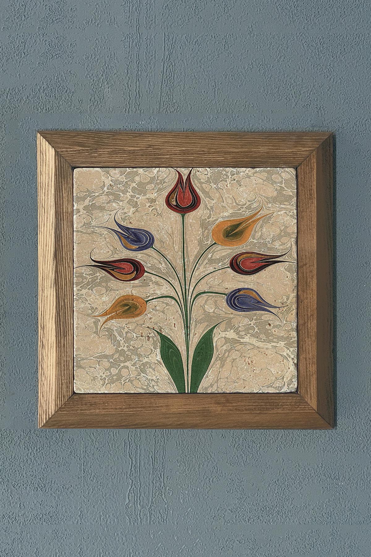 Masif Çerçeveli Ebruli Çiçek Doğaltaş Tablo Pano Oscar Stone Decor 28X28 CM