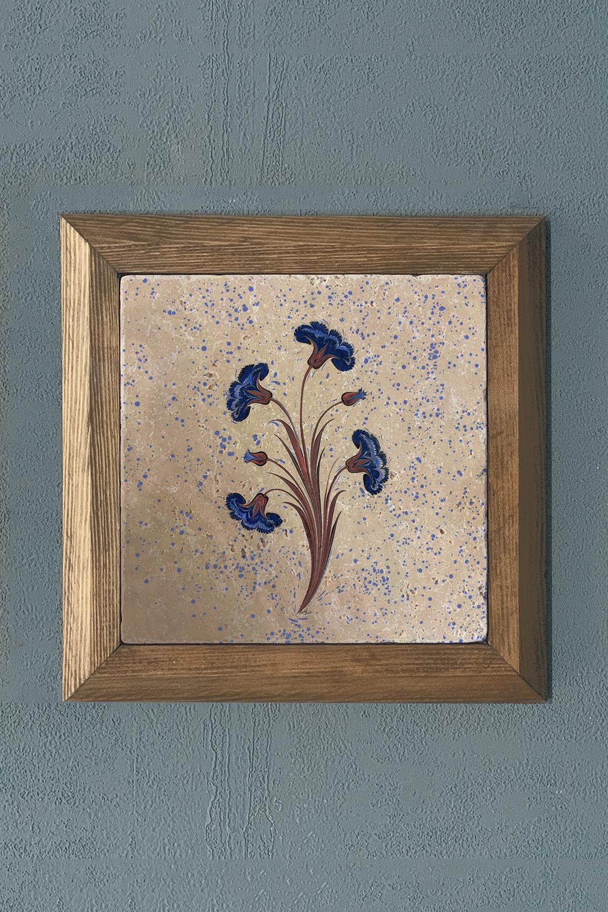 Masif Çerçeveli Ebruli Çiçek Doğaltaş Tablo Pano Oscar Stone Decor 28X28 CM