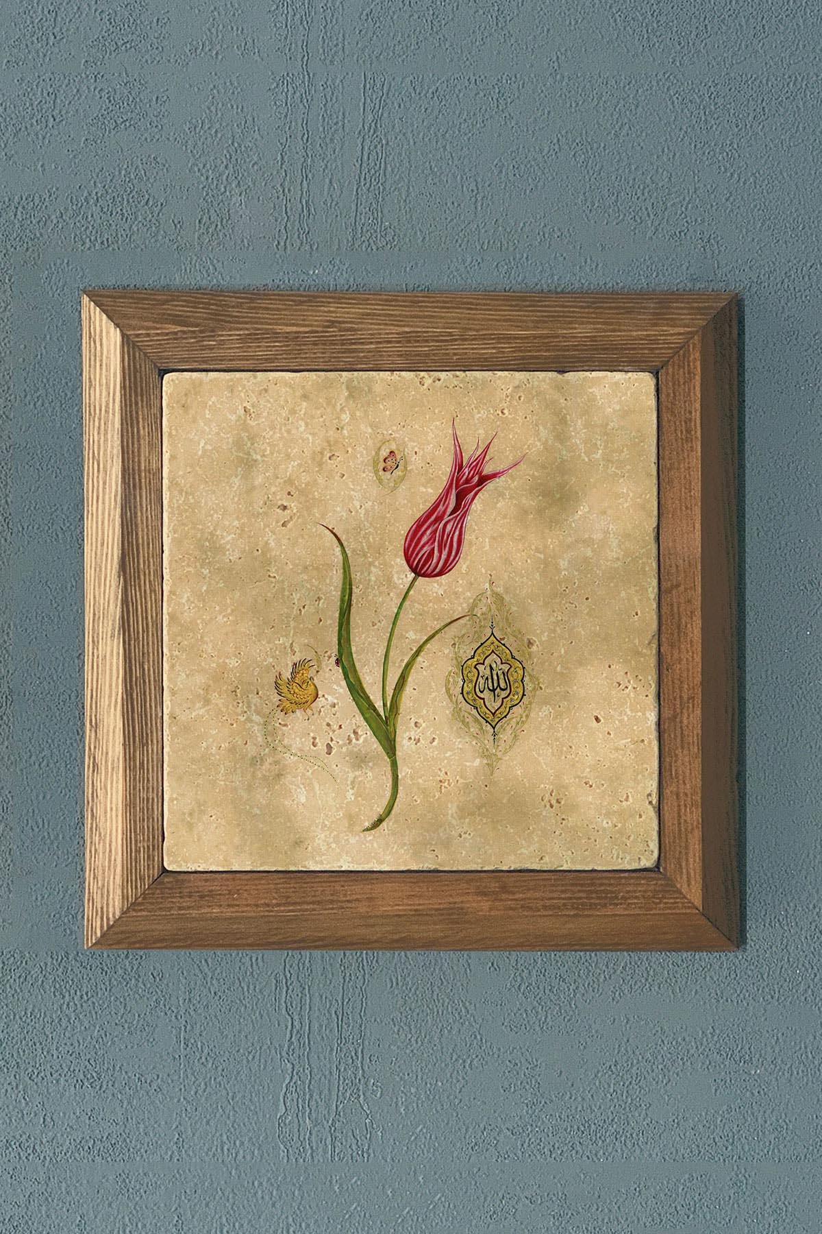 Masif Çerçeveli Ebruli Çiçek Lale Doğaltaş Tablo Pano Oscar Stone Decor 28X28 CM