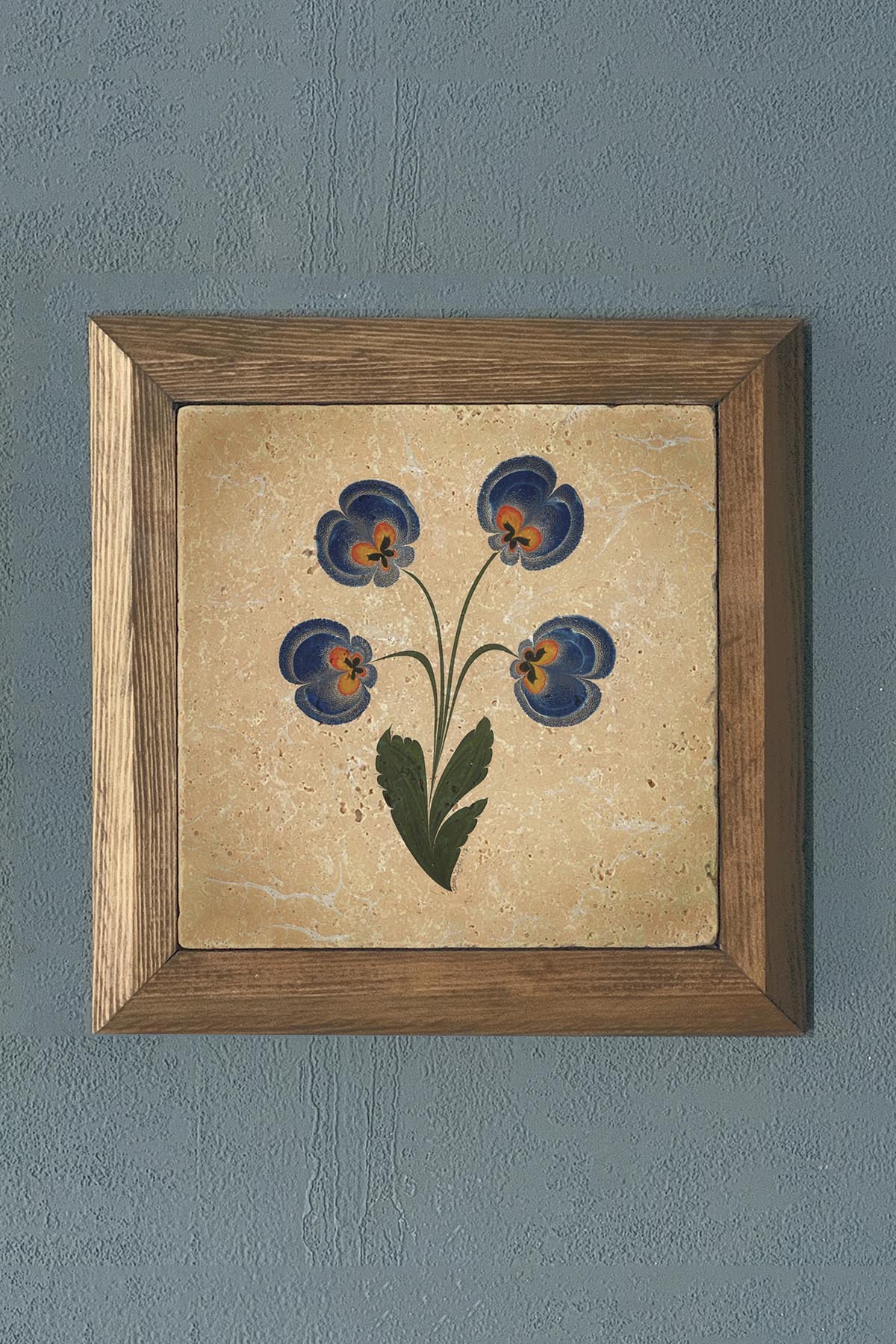 Masif Çerçeveli Ebruli Çiçek Menekşe Doğaltaş Tablo Pano Oscar Stone Decor 28X28 CM