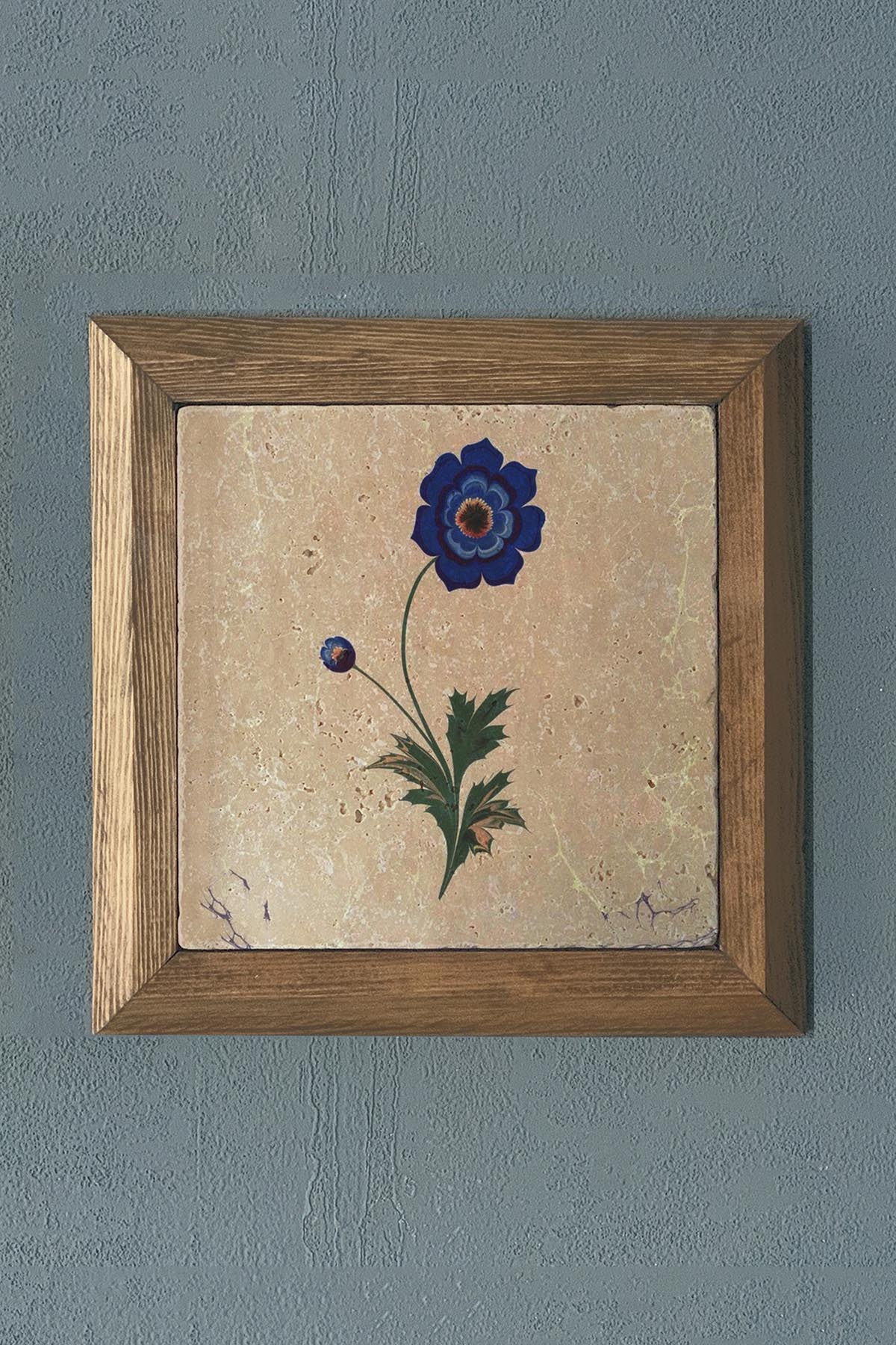 Masif Çerçeveli Ebruli Çiçek Menekşe Doğaltaş Tablo Pano Oscar Stone Decor 28X28 CM
