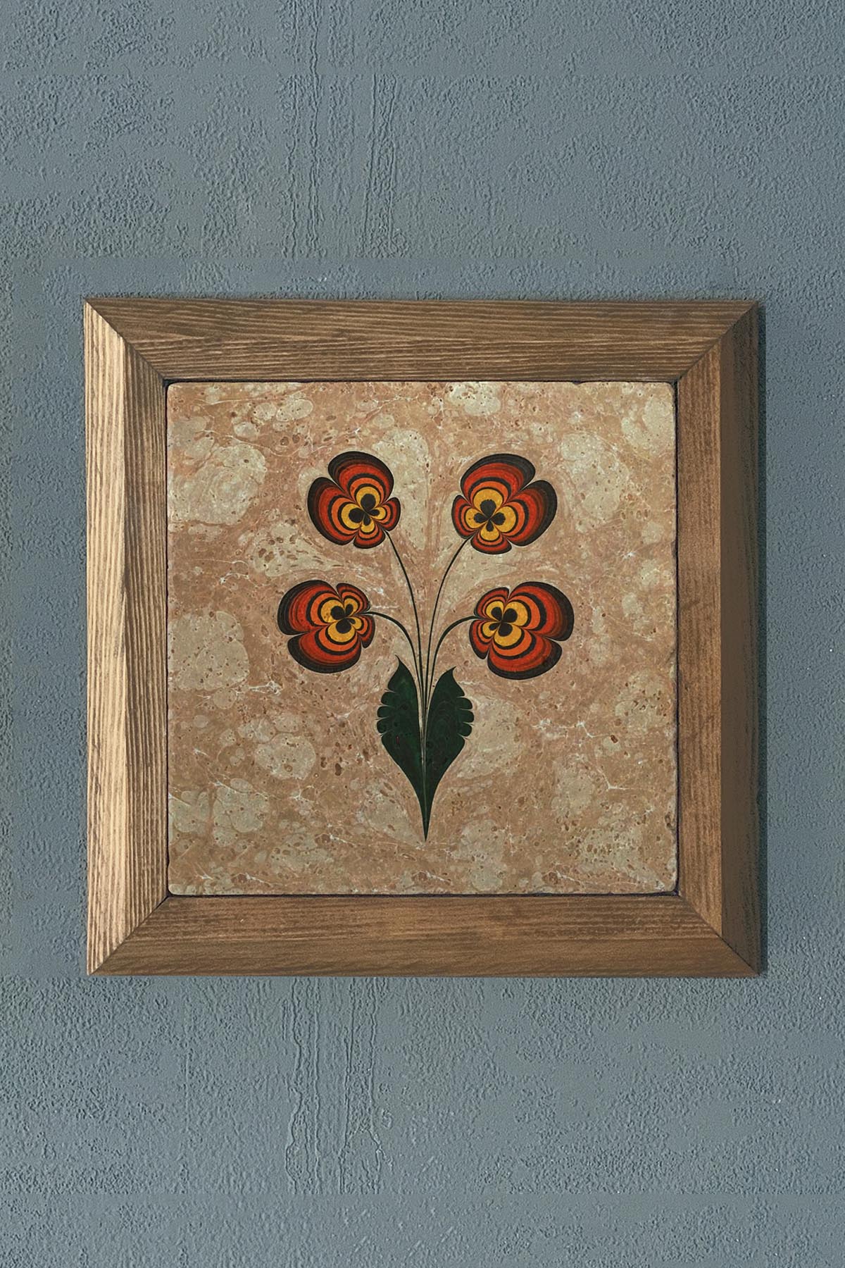 Masif Çerçeveli Ebruli Çiçek Menekşe Doğaltaş Tablo Pano Oscar Stone Decor 28X28 CM