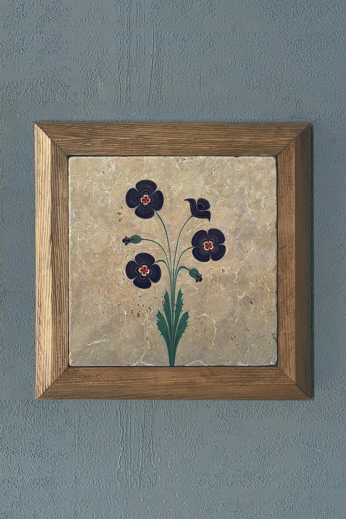 Masif Çerçeveli Ebruli Çiçek Menekşe Doğaltaş Tablo Pano Oscar Stone Decor 28X28 CM