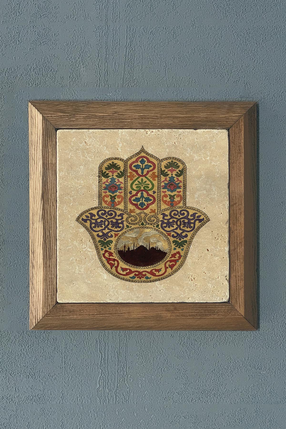Masif Çerçeveli Fatma Ana Eli (Bereket Nazar) Doğaltaş Tablo Pano Oscar Stone Decor 28X28 CM