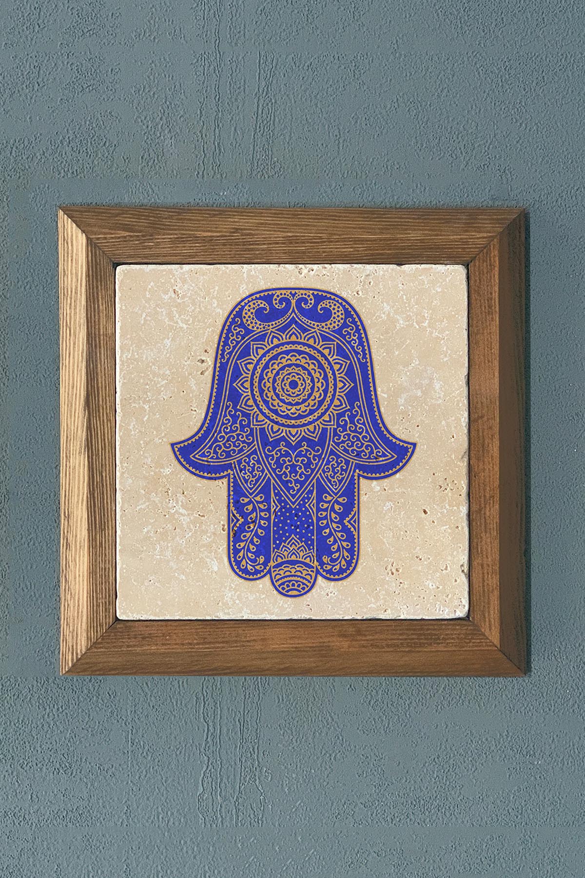 Masif Çerçeveli HAMSA Taş Tablo- Duvar Dekoru- Oscar Stone Decor 28X28 cm-WALL DECOR