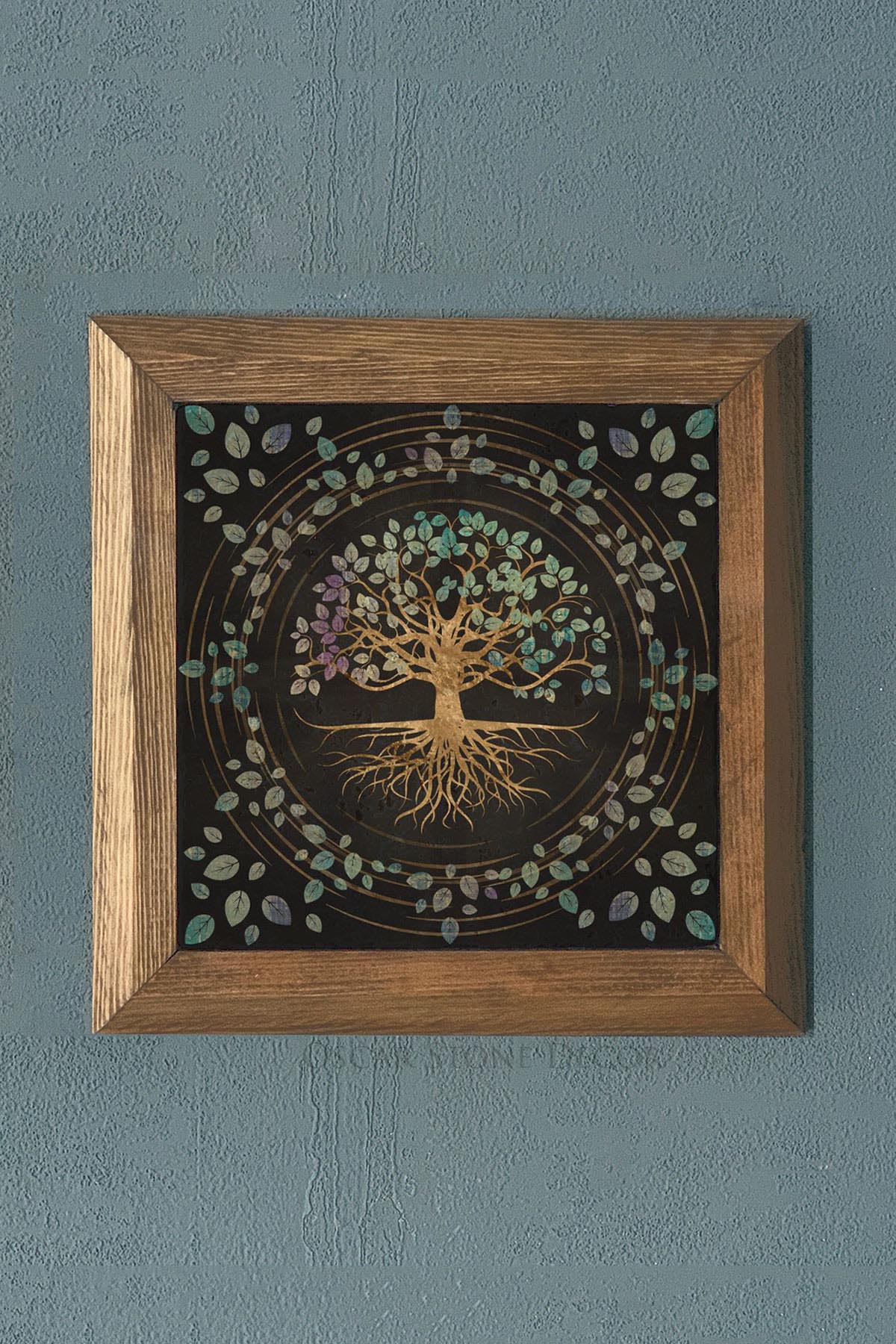Masif Çerçeveli Hayat Ağacı (Yaşam) Doğaltaş Tablo Pano Oscar Stone Decor 28X28 CM