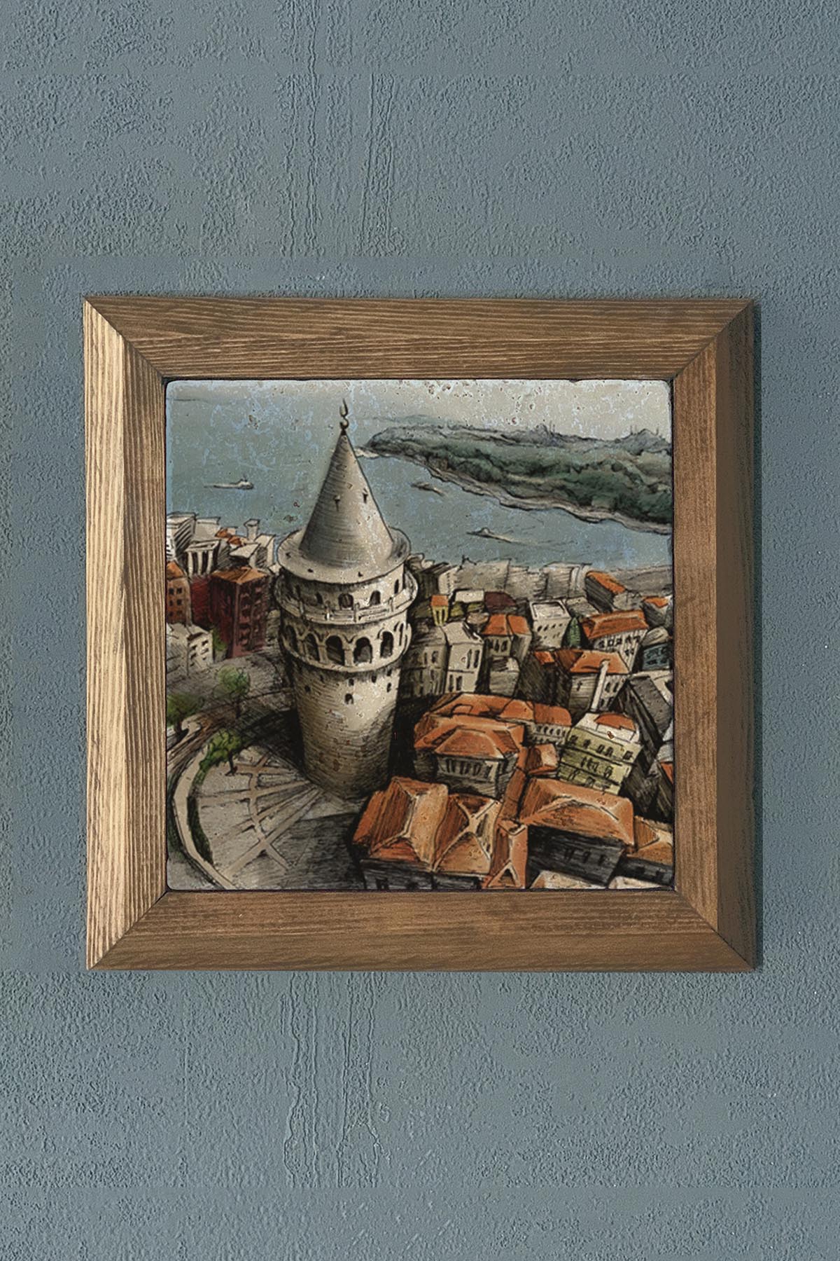 Masif Çerçeveli İstanbul Galata Kulesi Doğaltaş Tablo Pano Oscar Stone Decor 28X28 CM