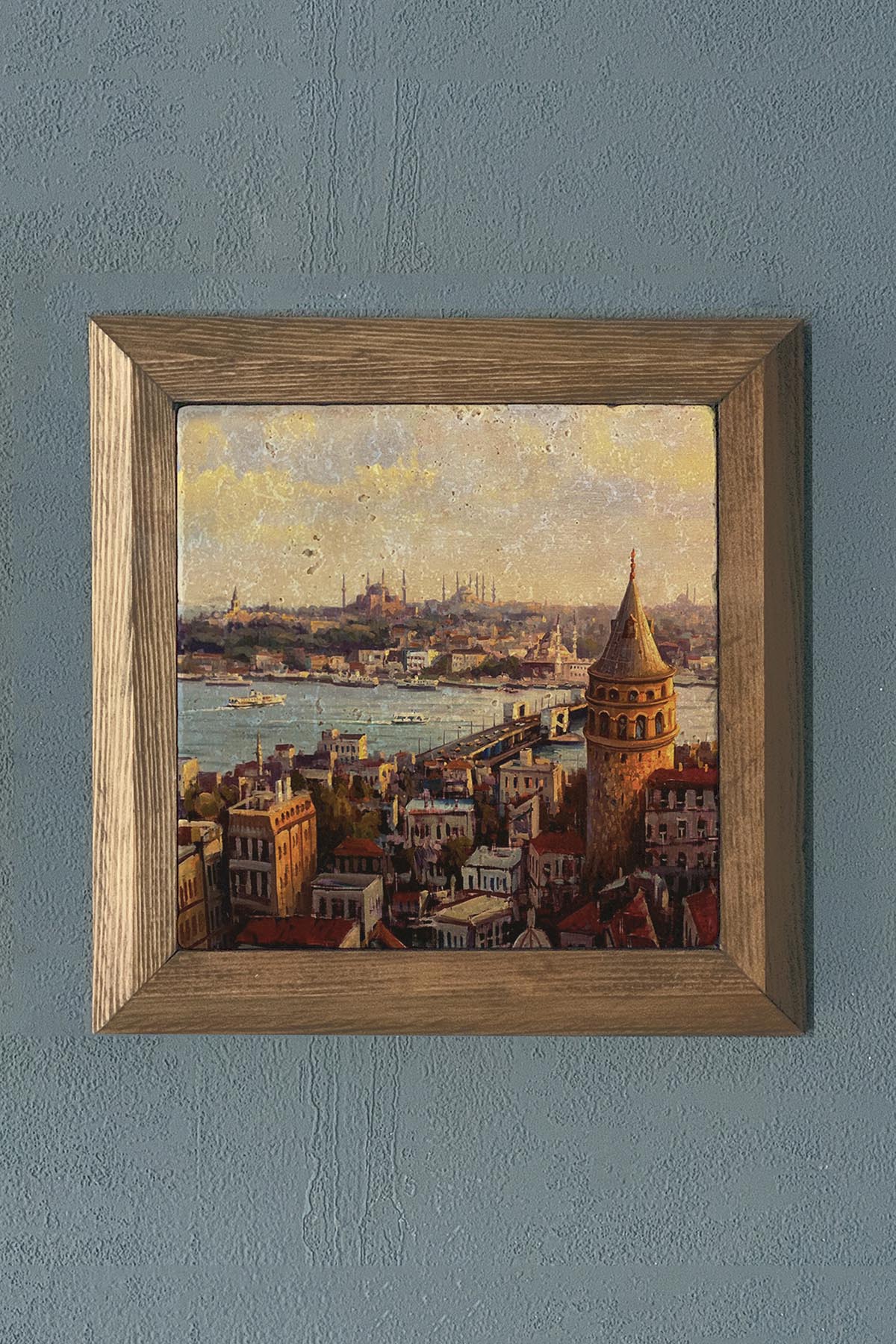 Masif Çerçeveli İstanbul Galata Kulesi Doğaltaş Tablo Pano Oscar Stone Decor 28X28 CM