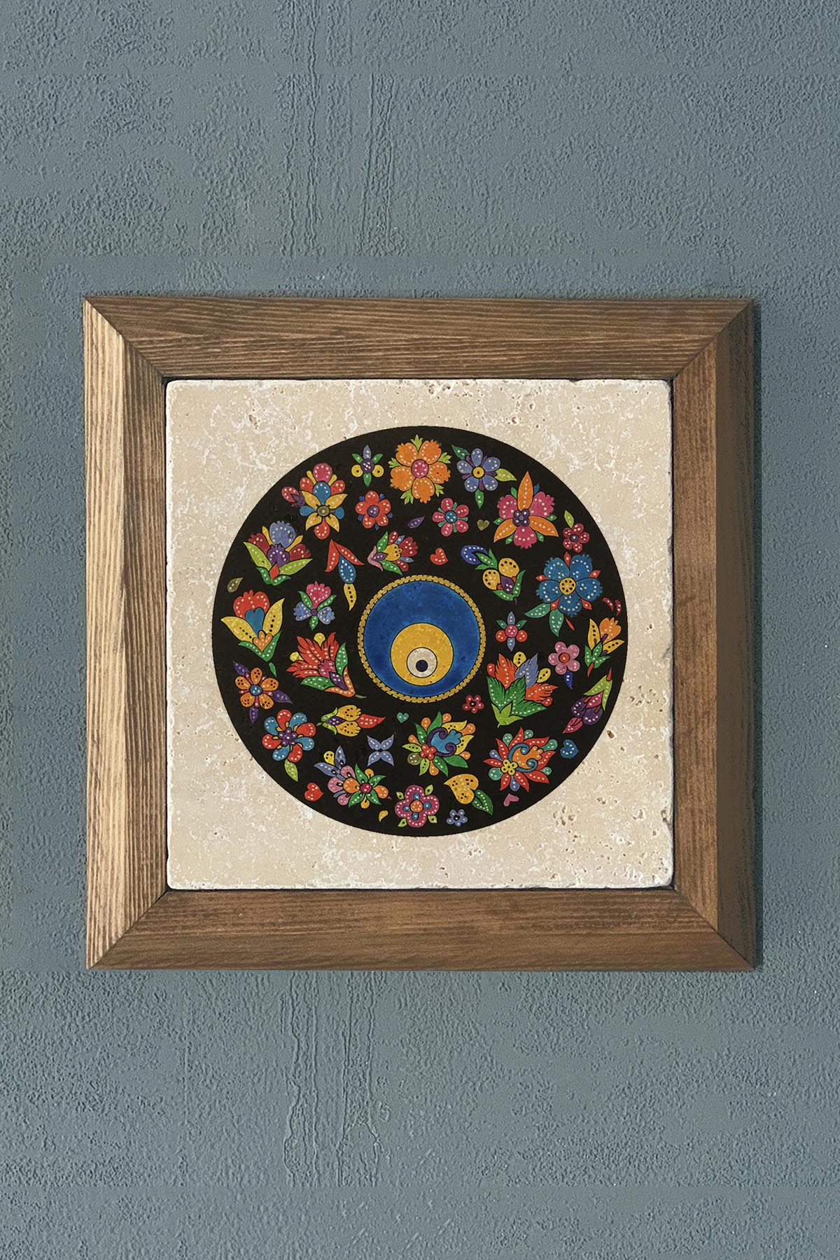 Masif Çerçeveli Nazar Boncuğu Doğaltaş Tablo Oscar Stone Decor 28x28 cm
