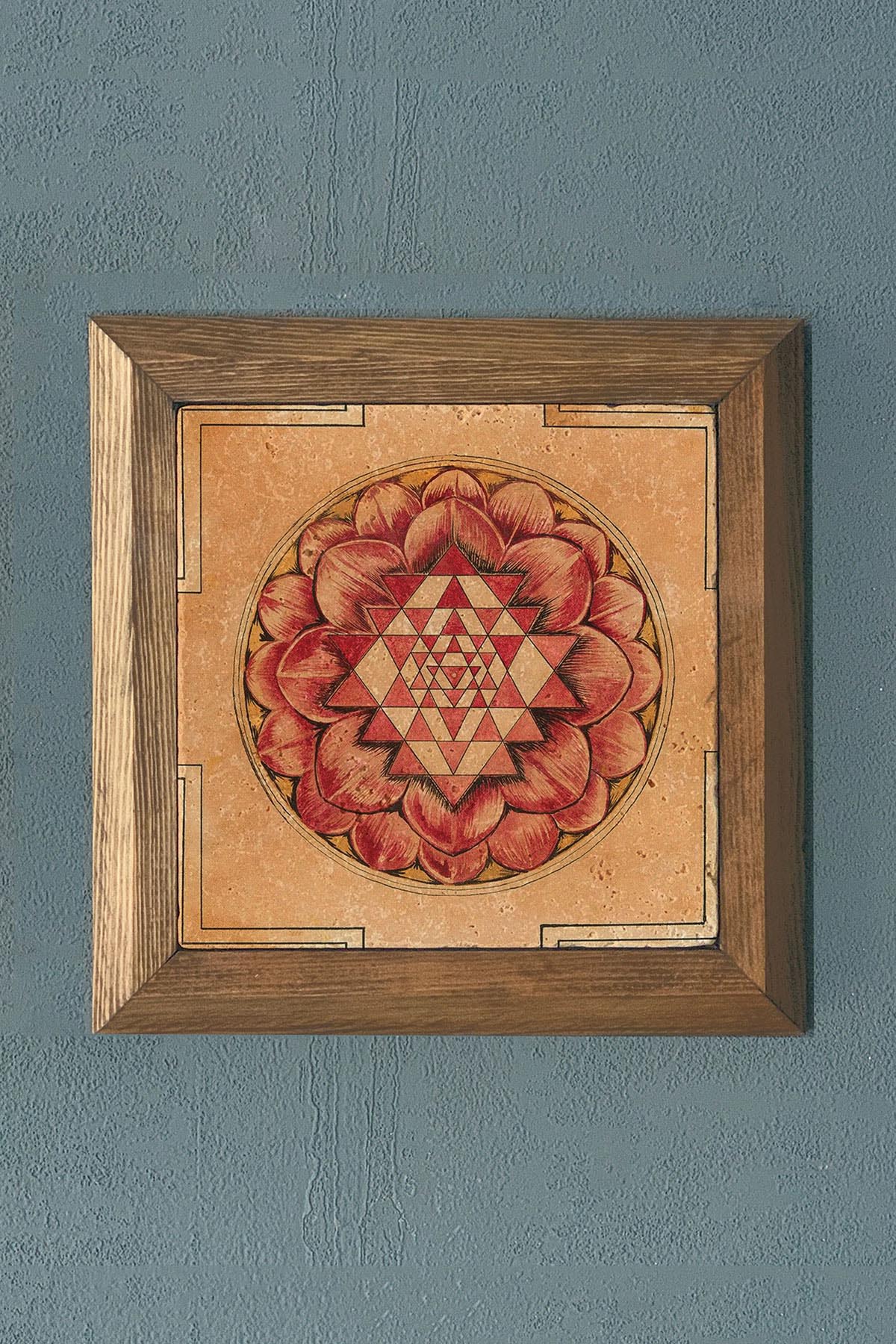 Masif Çerçeveli Sri Yantra Taş Tablo- Duvar Dekoru- Oscar Stone Decor 28X28 cm-WALL DECOR