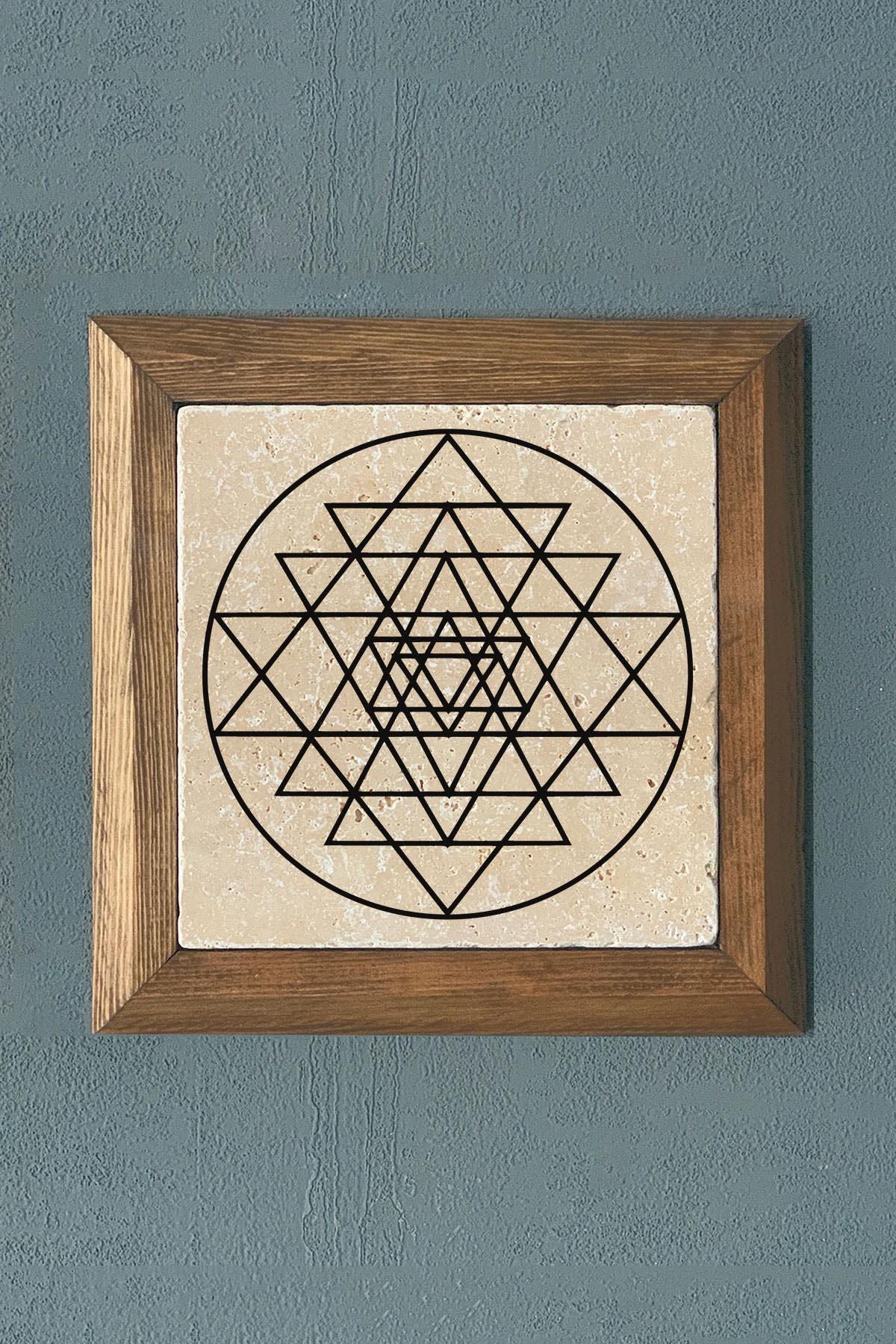 Masif Çerçeveli Sri Yantra Taş Tablo- Duvar Dekoru- Oscar Stone Decor 28X28 cm-WALL DECOR