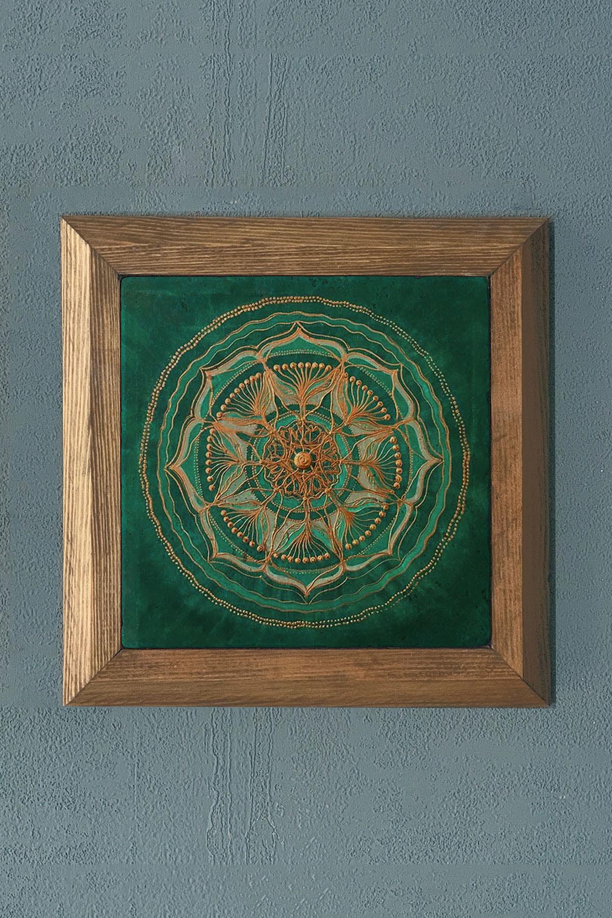 Masif Çerçeveli Taş Tablo Sri Yantra-Duvar Dekoru- Oscar Stone Decor 28X28 CM