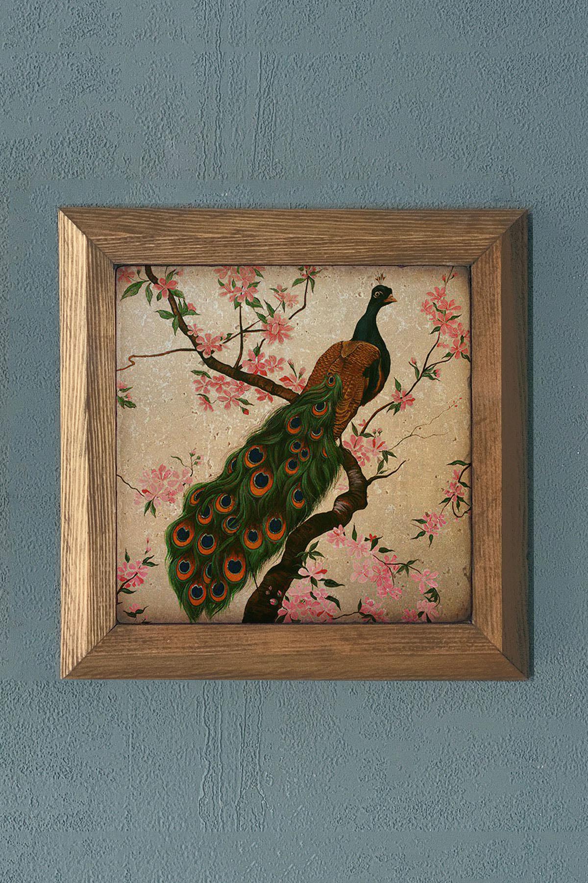 Masif Çerçeveli Taş Tablo Tavus Kuşu-Duvar Dekoru- Oscar Stone Decor 28X28 CM