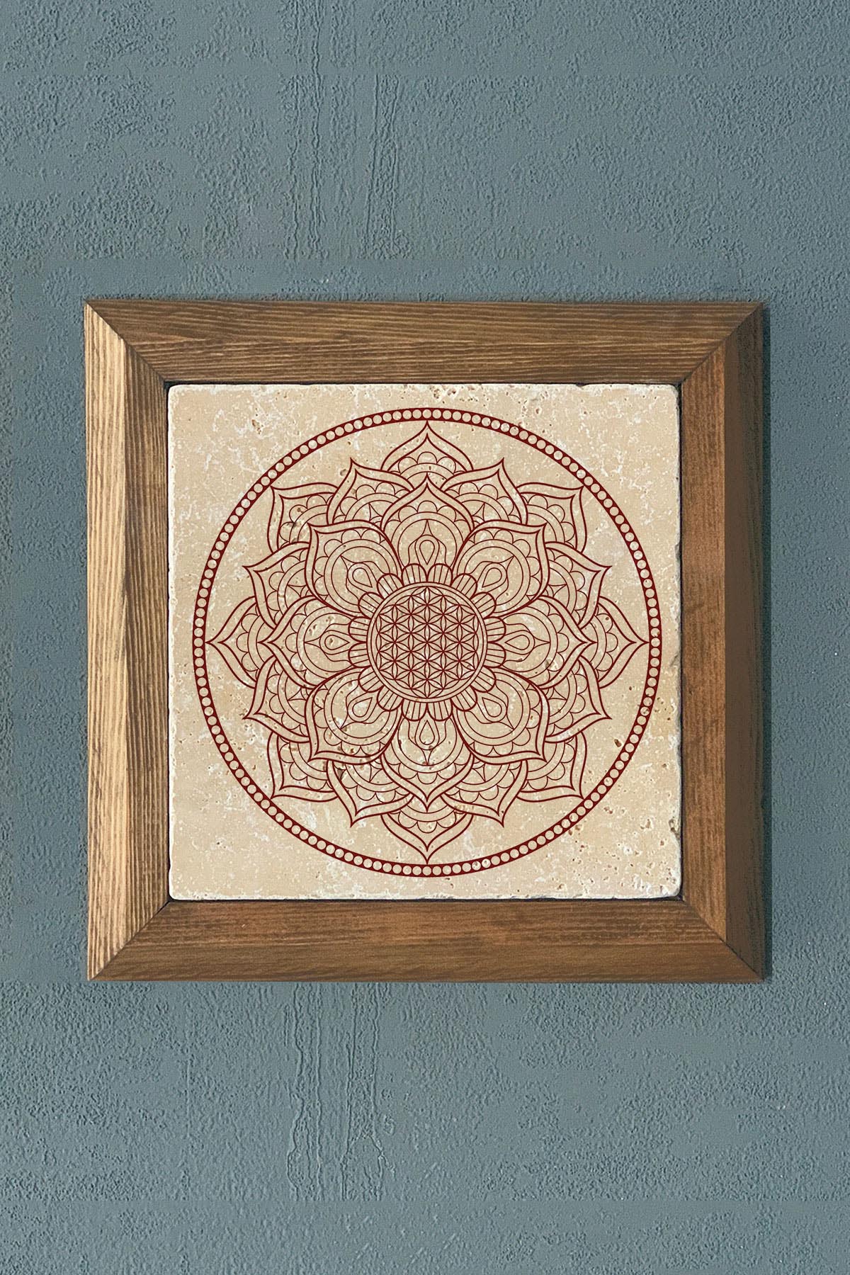 Masif Çerçeveli Yaşam Çiçeği Taş Tablo- Duvar Dekoru- Oscar Stone Decor 28X28 cm-WALL DECOR