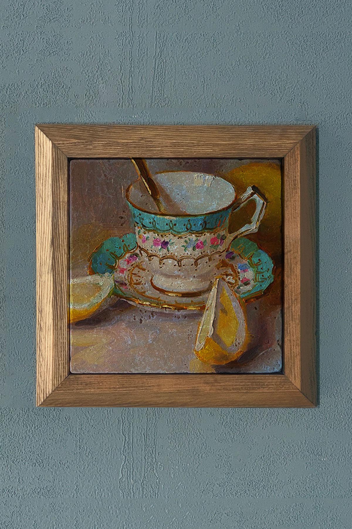 Misafir Fincanı Masif Çerçeveli Taş Tablo-Wall Decor- Oscar Stone Decor 28X28 CM
