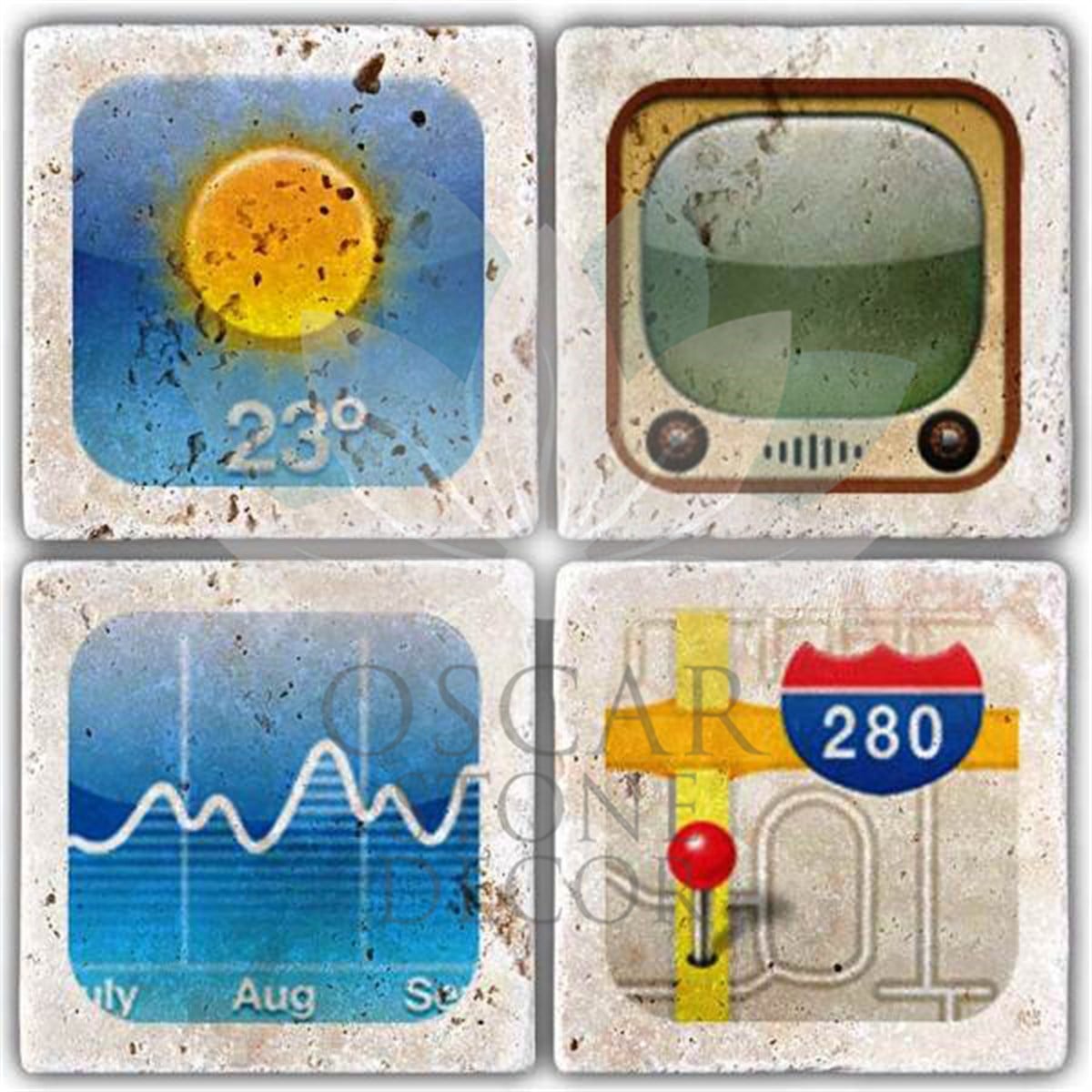 OSCAR STONE DECOR APPLE ICON'S III 4'lü DOĞALTAŞ BARDAK ALTLIĞI / BA238 (COASTER)