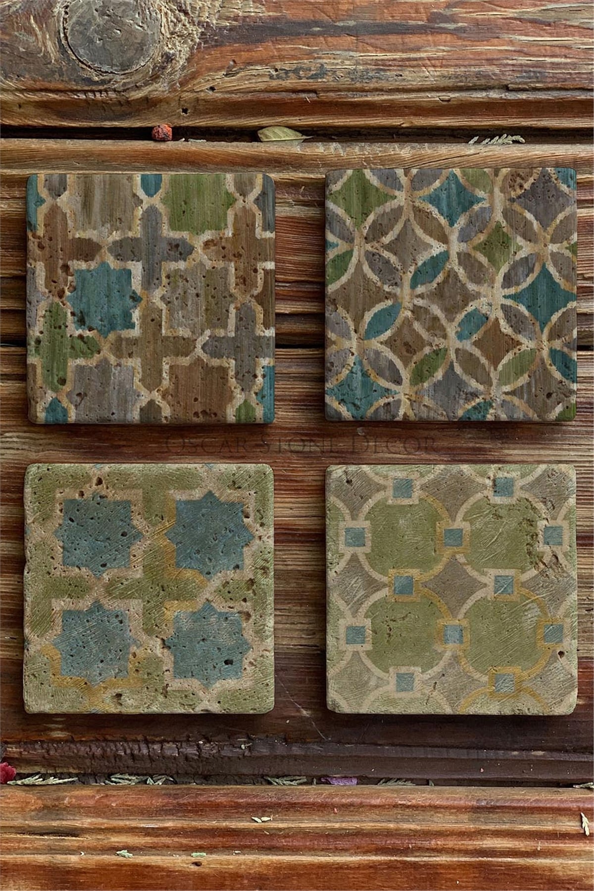 Oscar Stone Decor Baskılı Doğaltaş Bardak Altlığı 4'lü Set Desen Tile