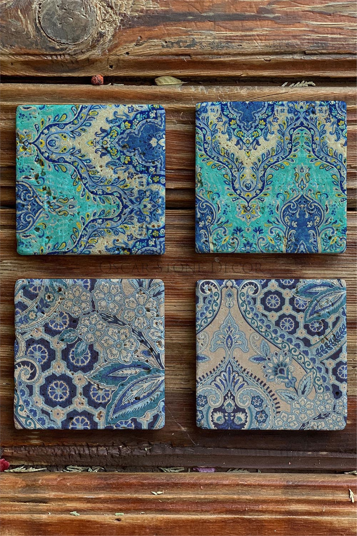 Oscar Stone Decor Baskılı Doğaltaş Bardak Altlığı 4'lü Set Desen Tile