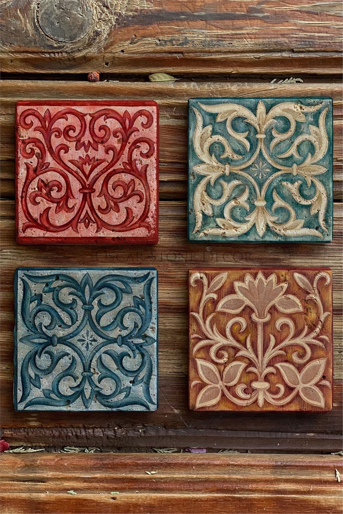 Oscar Stone Decor Baskılı Doğaltaş Bardak Altlığı 4'lü Set Desen Tile