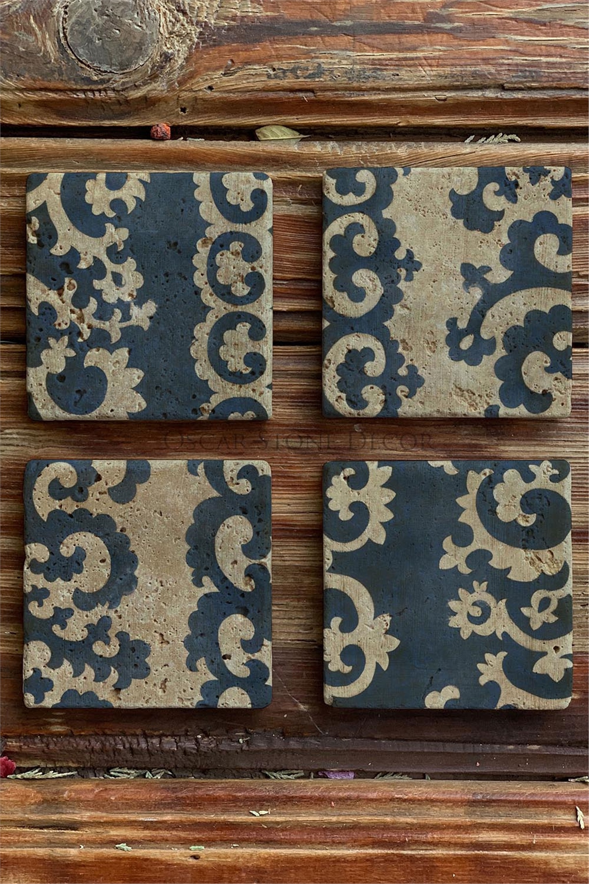 Oscar Stone Decor Baskılı Doğaltaş Bardak Altlığı 4'lü Set Desen Tile