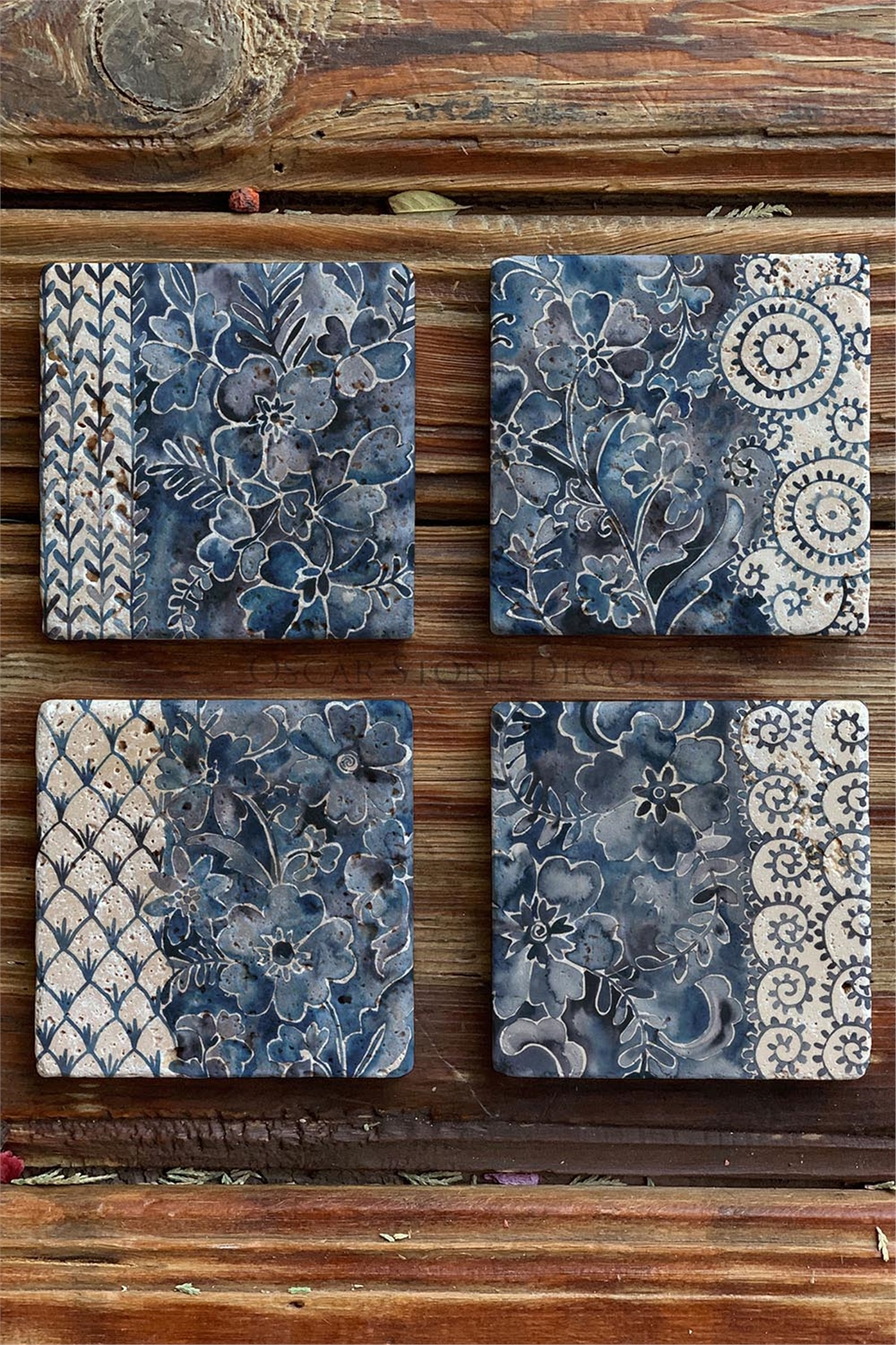 Oscar Stone Decor Baskılı Doğaltaş Bardak Altlığı 4'lü Set Desen Tile