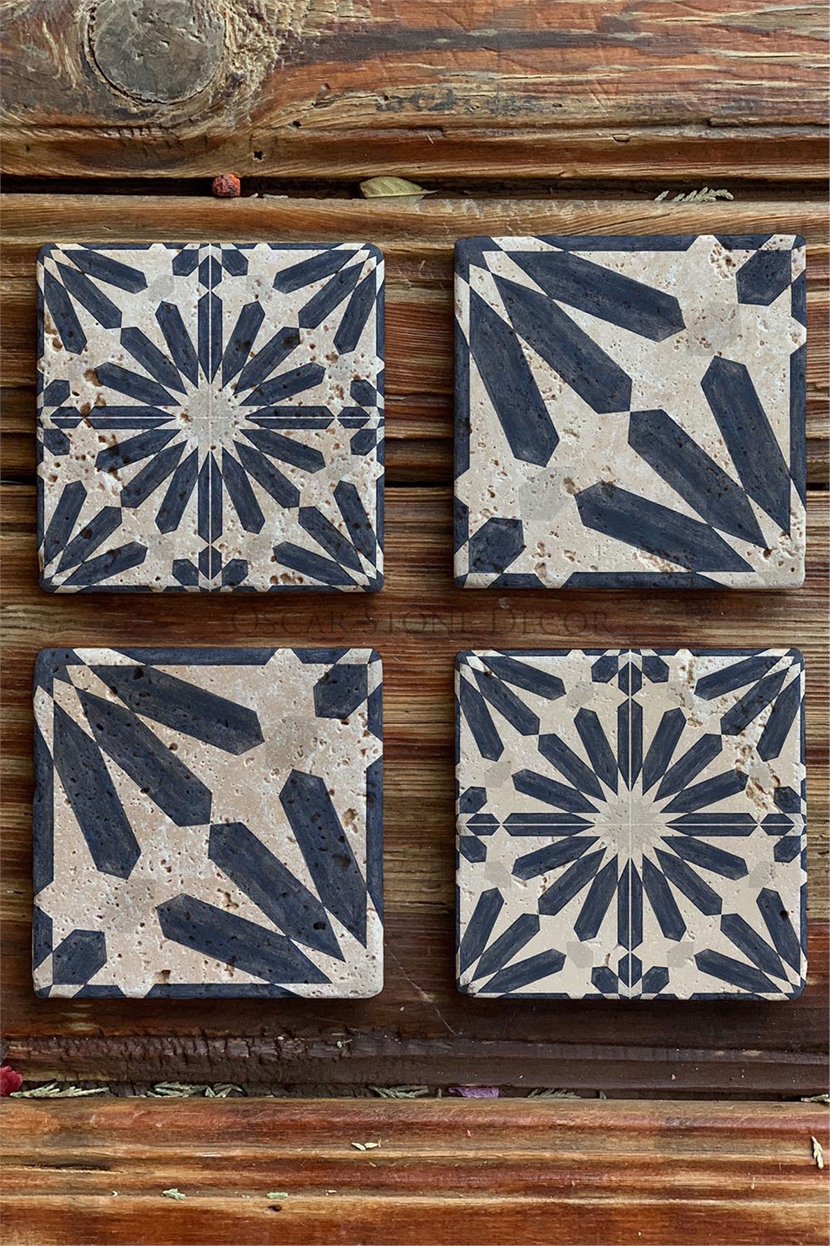 Oscar Stone Decor Baskılı Doğaltaş Bardak Altlığı 4'lü Set Desen Tile