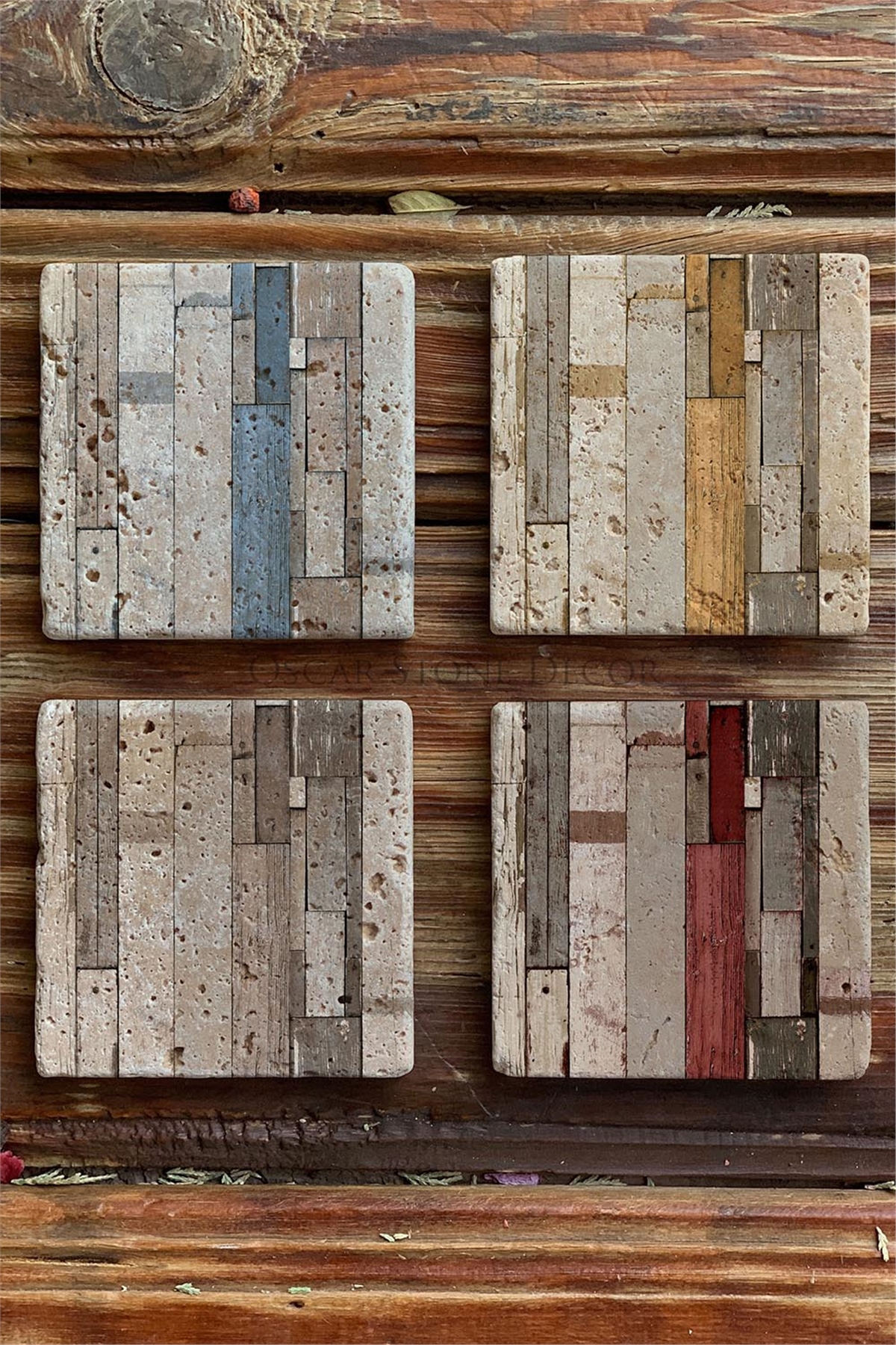 Oscar Stone Decor Baskılı Doğaltaş Bardak Altlığı 4'lü Set Desen Tile