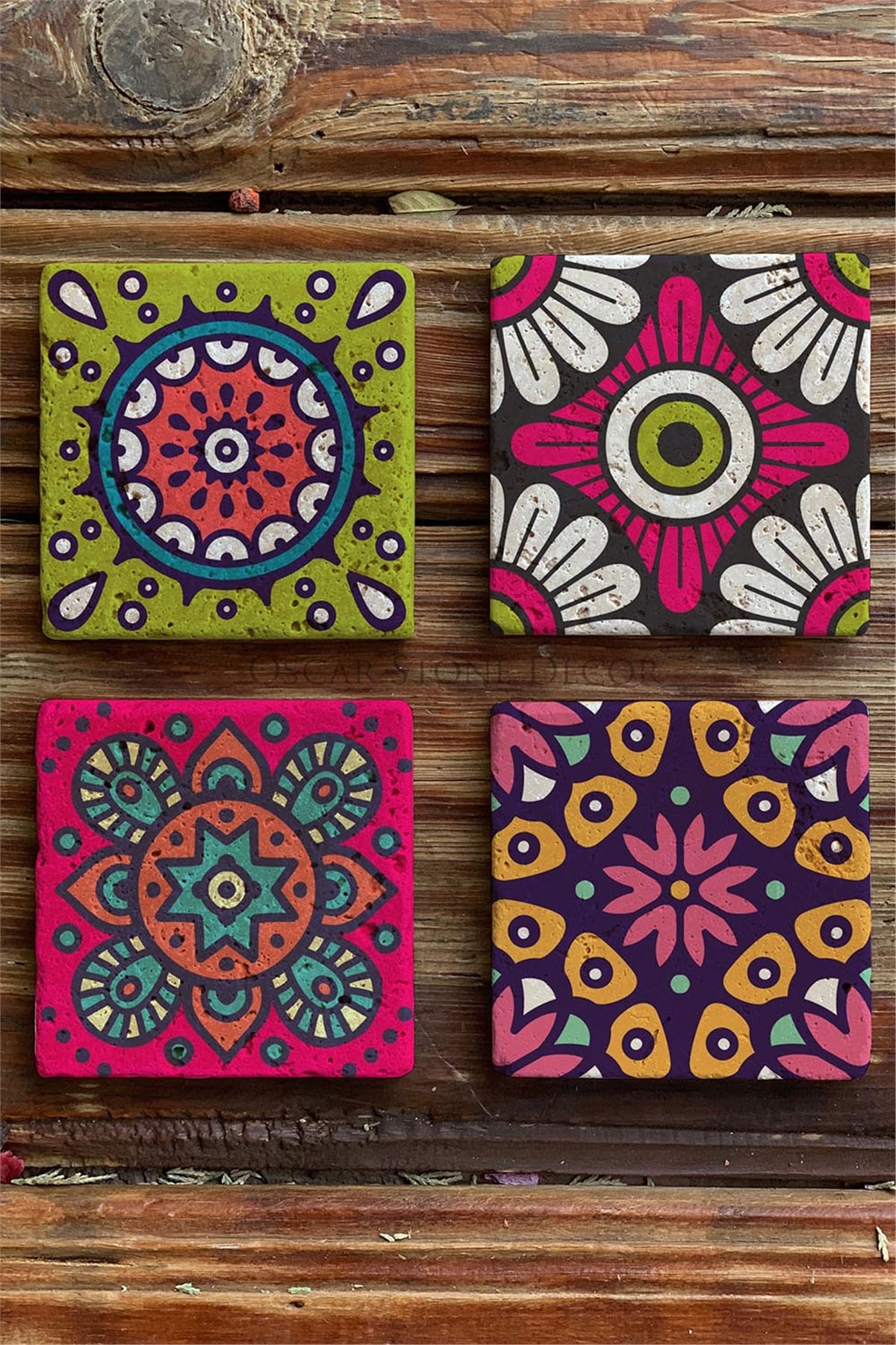 Oscar Stone Decor Baskılı Doğaltaş Bardak Altlığı 4'lü Set Desen Tile