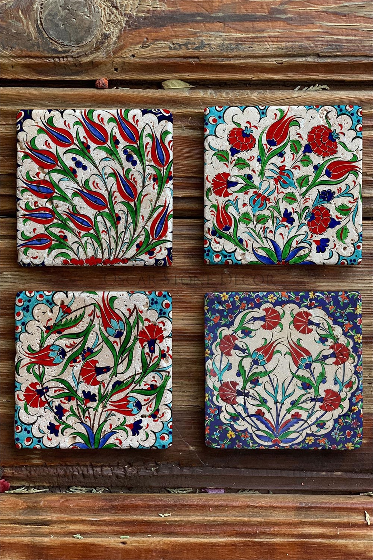 Oscar Stone Decor Baskılı Doğaltaş Bardak Altlığı 4'lü Set Desen Tile