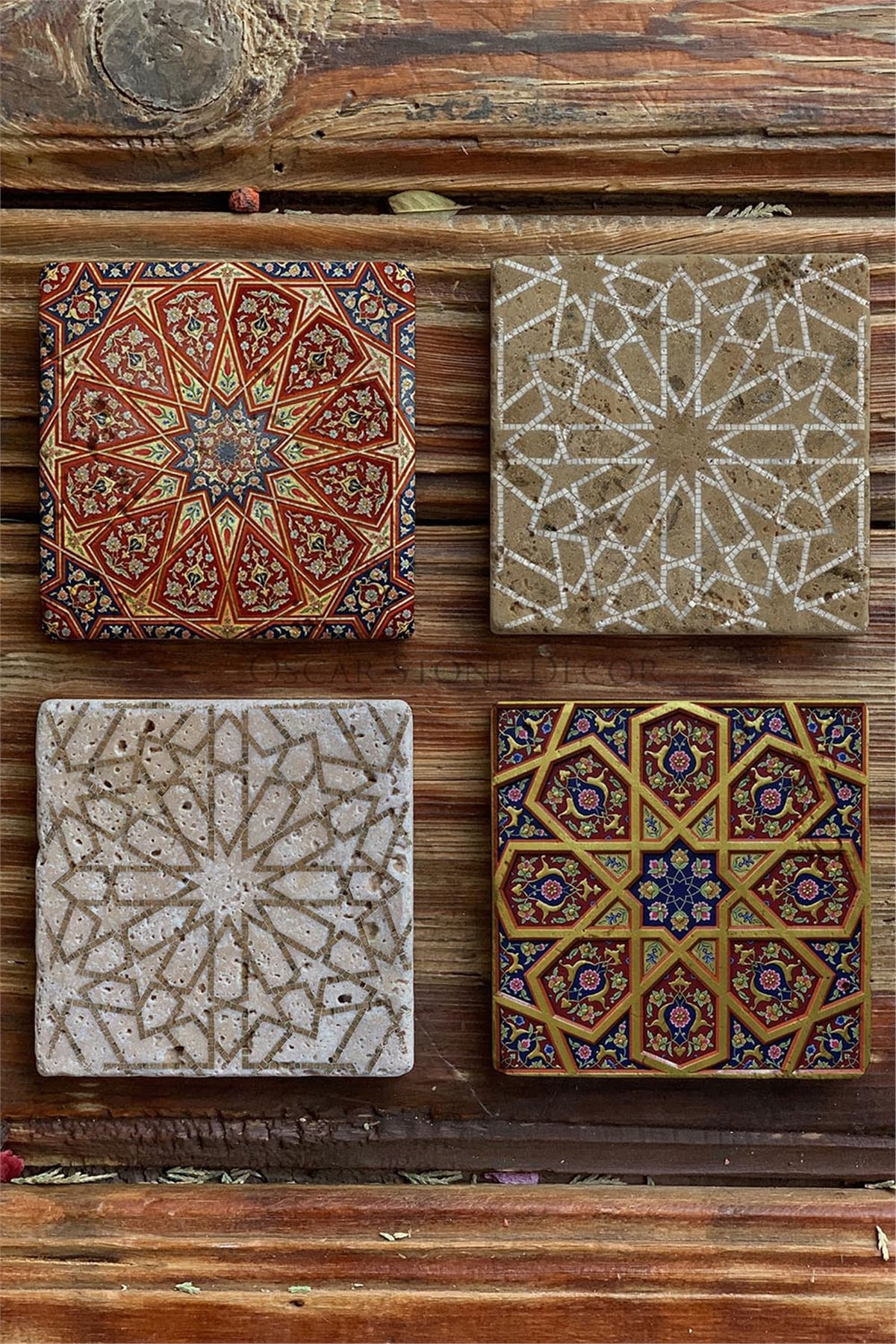 Oscar Stone Decor Baskılı Doğaltaş Bardak Altlığı 4'lü Set Desen Tile