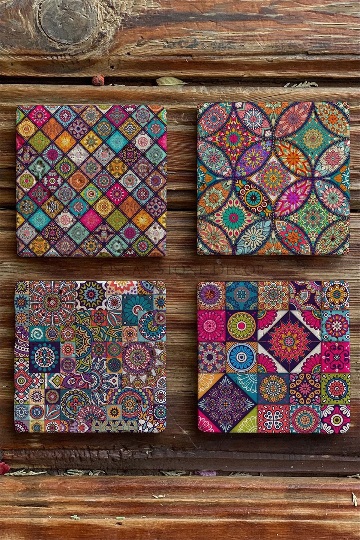 Oscar Stone Decor Baskılı Doğaltaş Bardak Altlığı 4'lü Set Desen Tile