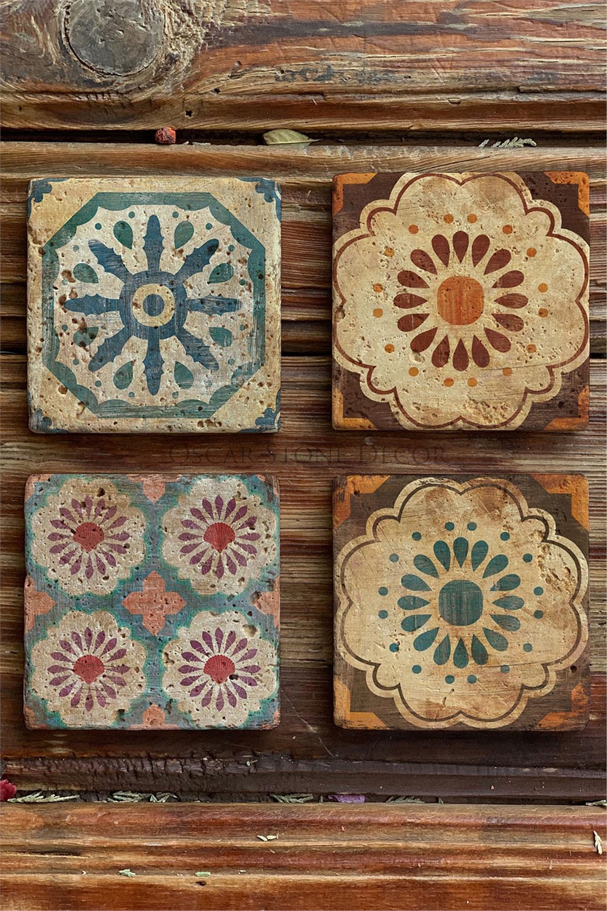 Oscar Stone Decor Baskılı Doğaltaş Bardak Altlığı 4'lü Set Desen Tile