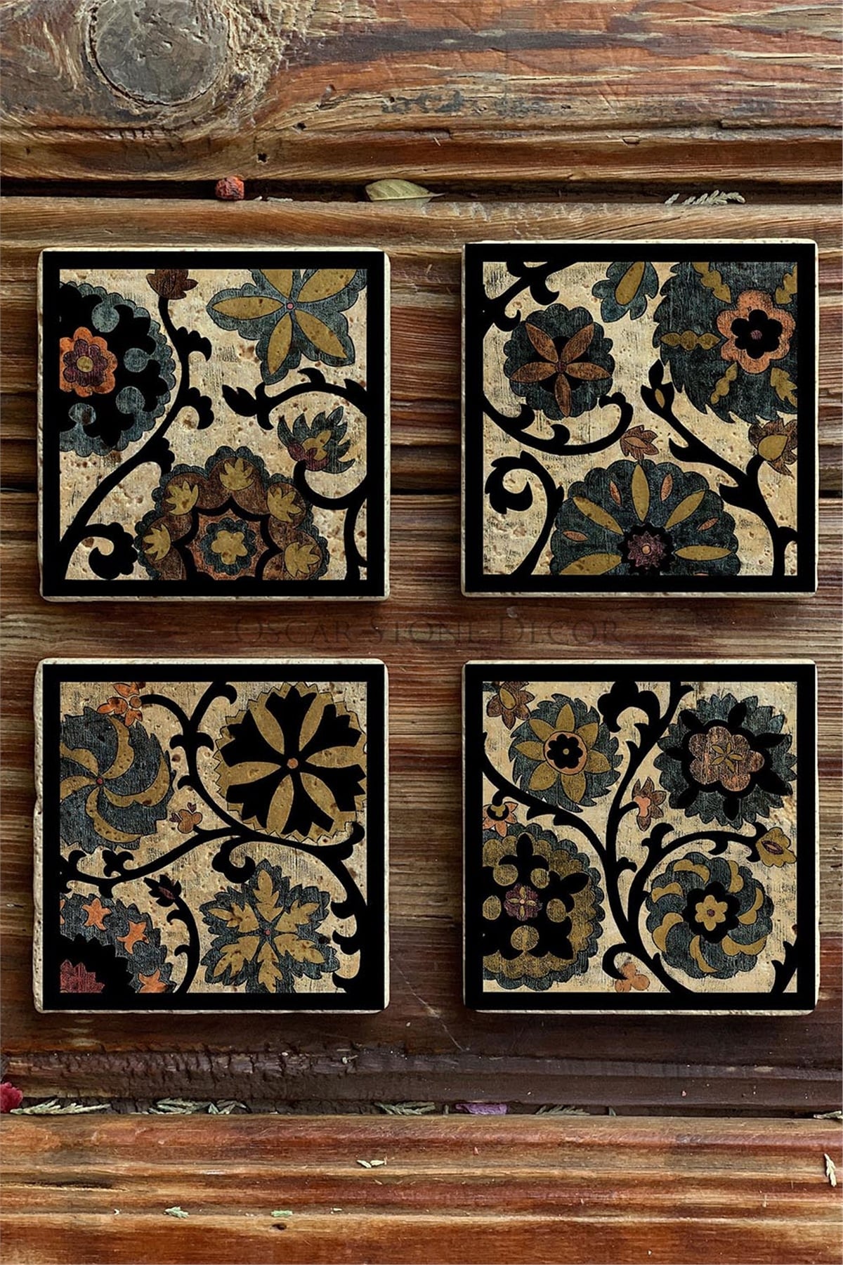 Oscar Stone Decor Baskılı Doğaltaş Bardak Altlığı 4'lü Set Desen Tile