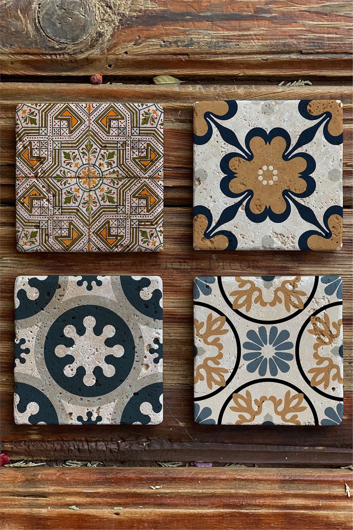 Oscar Stone Decor Baskılı Doğaltaş Bardak Altlığı 4'lü Set Desen Tile