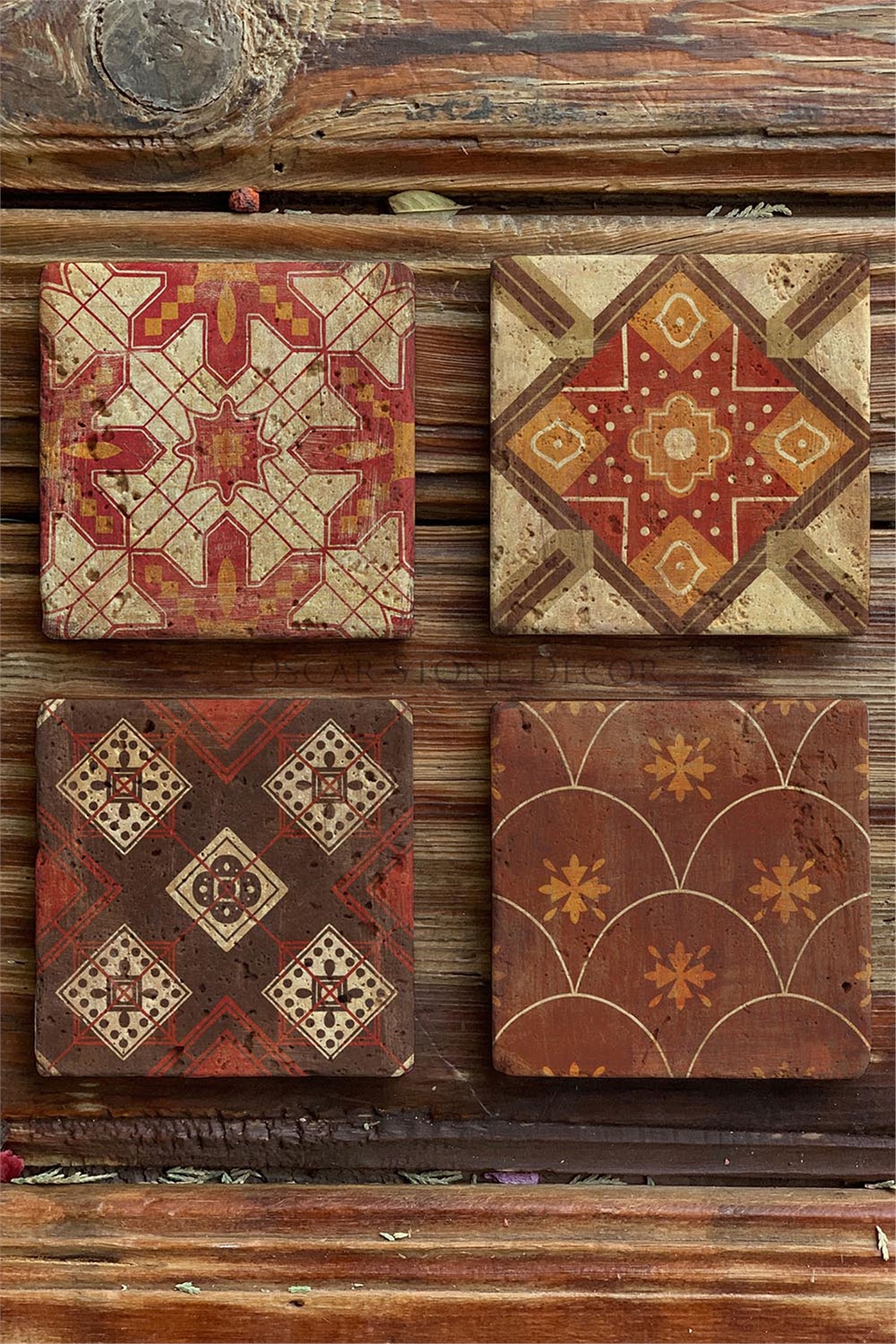 Oscar Stone Decor Baskılı Doğaltaş Bardak Altlığı 4'lü Set Desen Tile