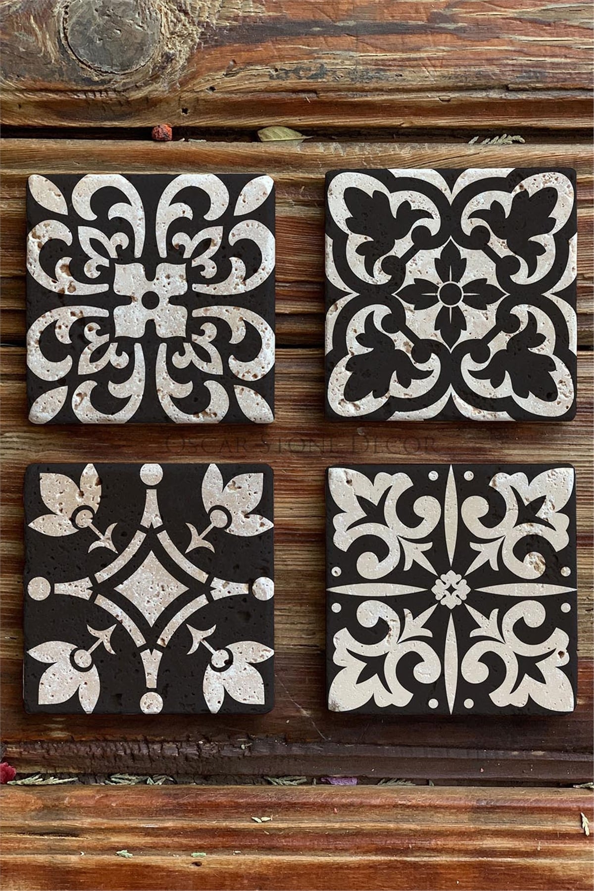 Oscar Stone Decor Baskılı Doğaltaş Bardak Altlığı 4'lü Set Desen Tile