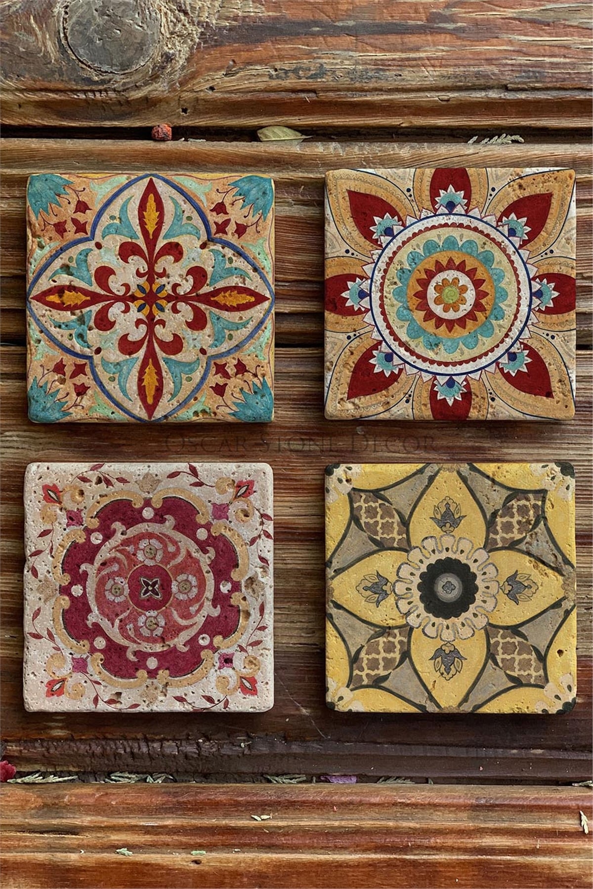 Oscar Stone Decor Baskılı Doğaltaş Bardak Altlığı 4'lü Set Desen Tile
